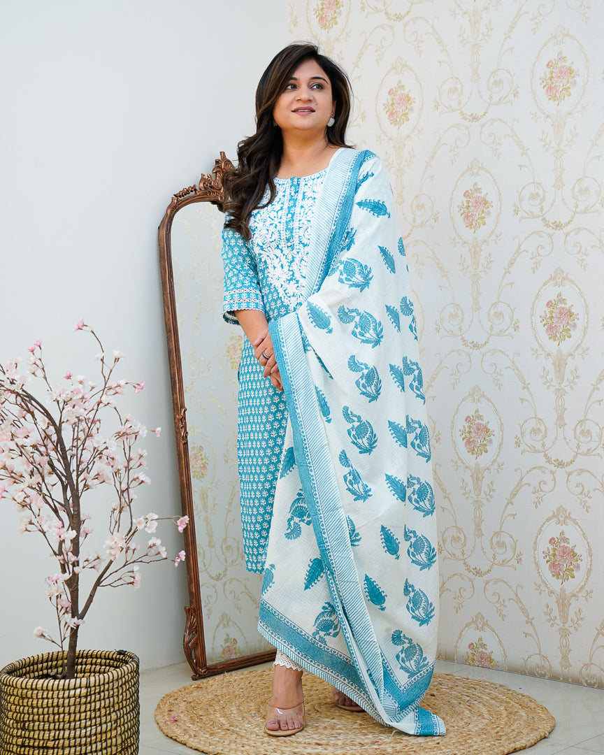 Premium Cotton Handblock Lucknowi Afgani Set - The Jaipur Studio