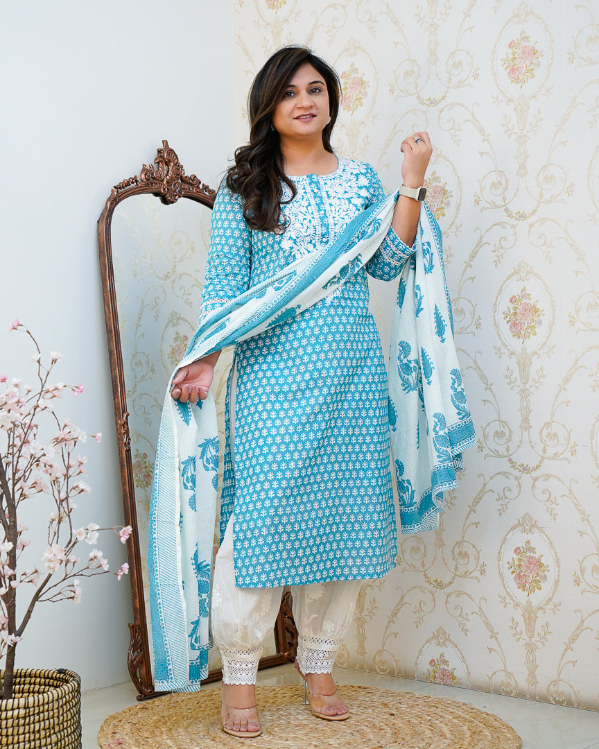 Premium Cotton Handblock Lucknowi Afgani Set - The Jaipur Studio