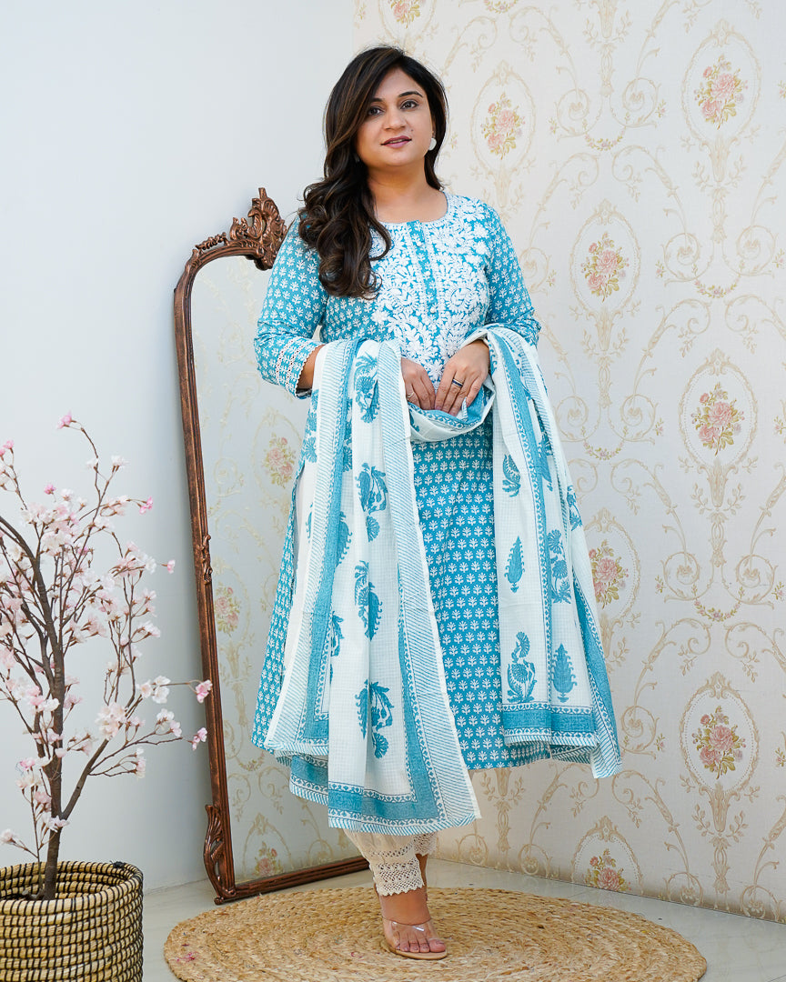 Premium Cotton Handblock Lucknowi Afgani Set - The Jaipur Studio