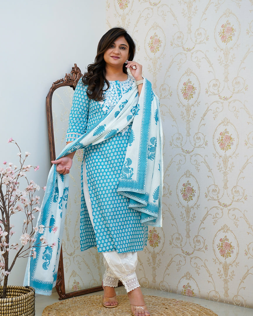 Premium Cotton Handblock Lucknowi Afgani Set - The Jaipur Studio