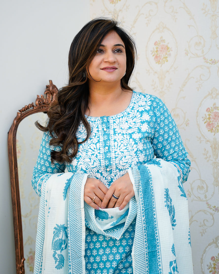 Premium Cotton Handblock Lucknowi Afgani Set - The Jaipur Studio