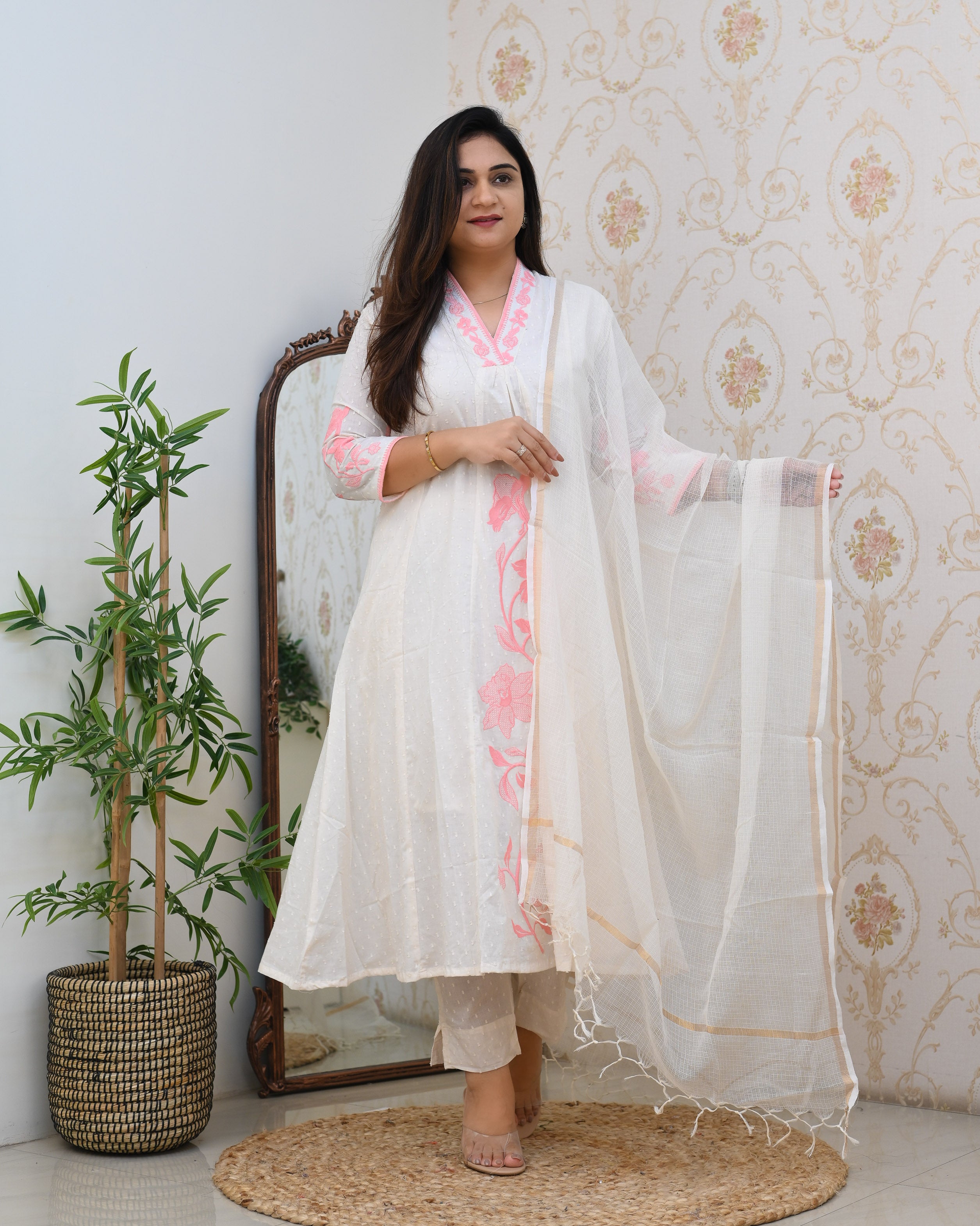 Dobby Cotton A-line Embroidered Pant Set - The Jaipur Studio