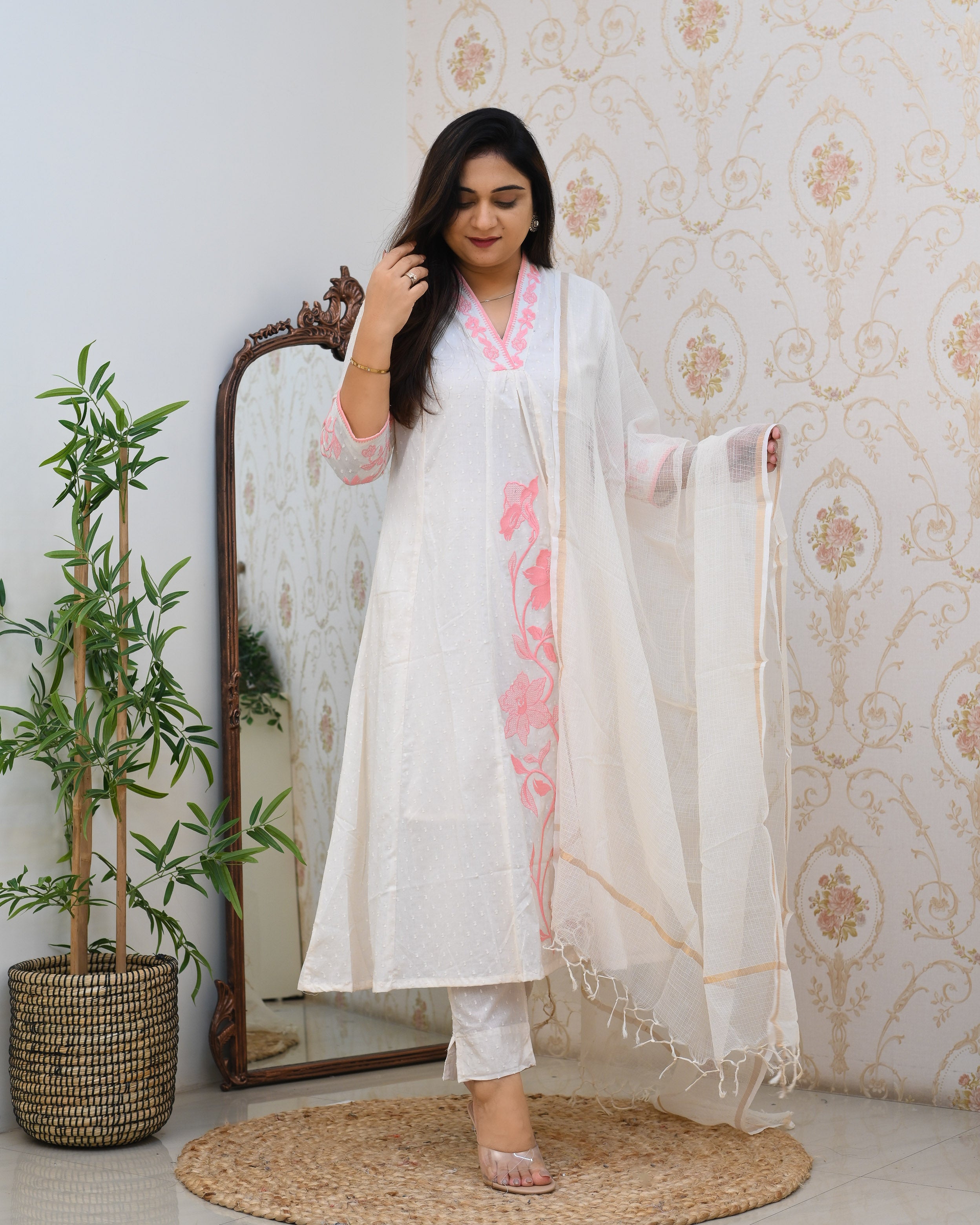 Dobby Cotton A-line Embroidered Pant Set - The Jaipur Studio