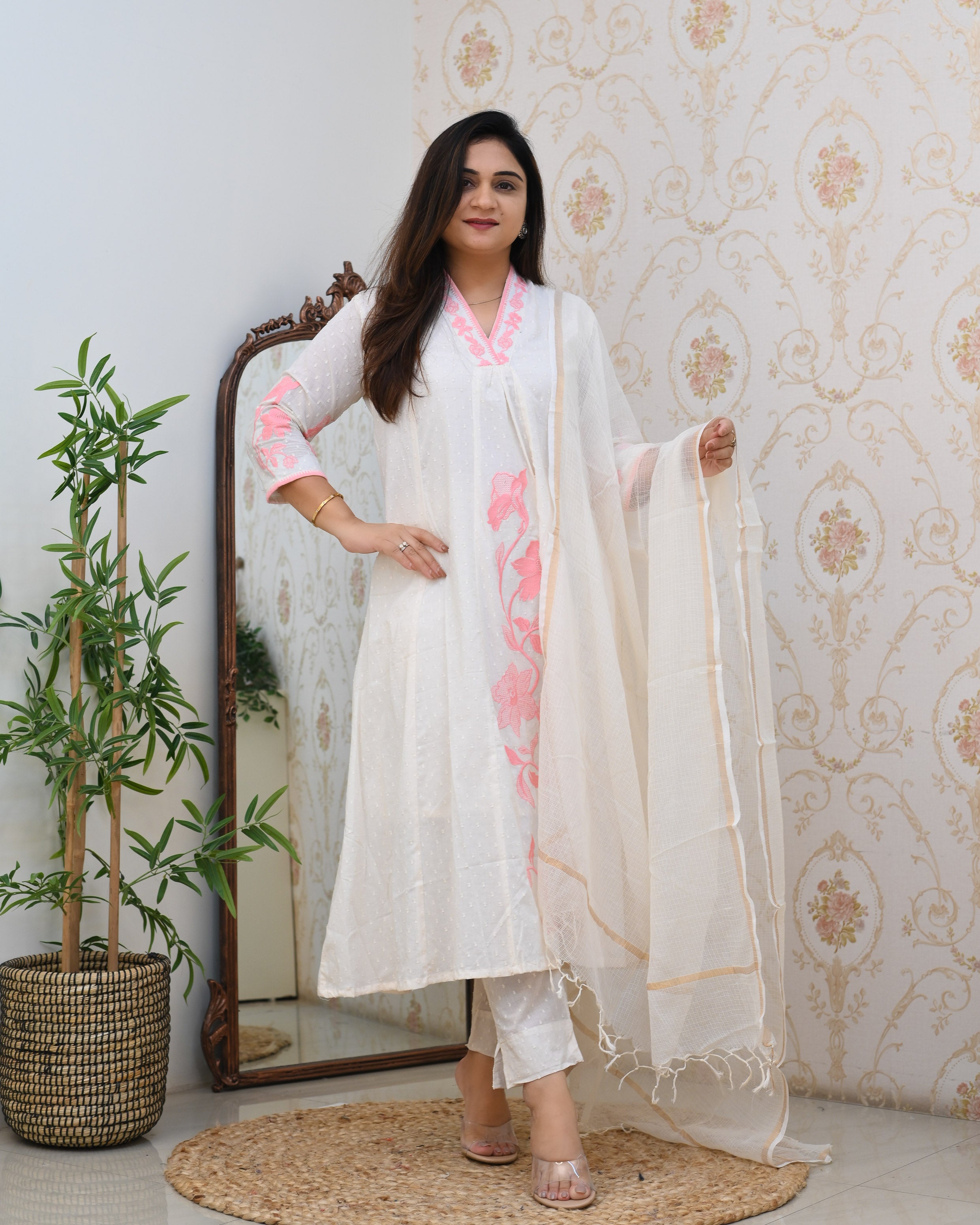 Dobby Cotton A-line Embroidered Pant Set - The Jaipur Studio