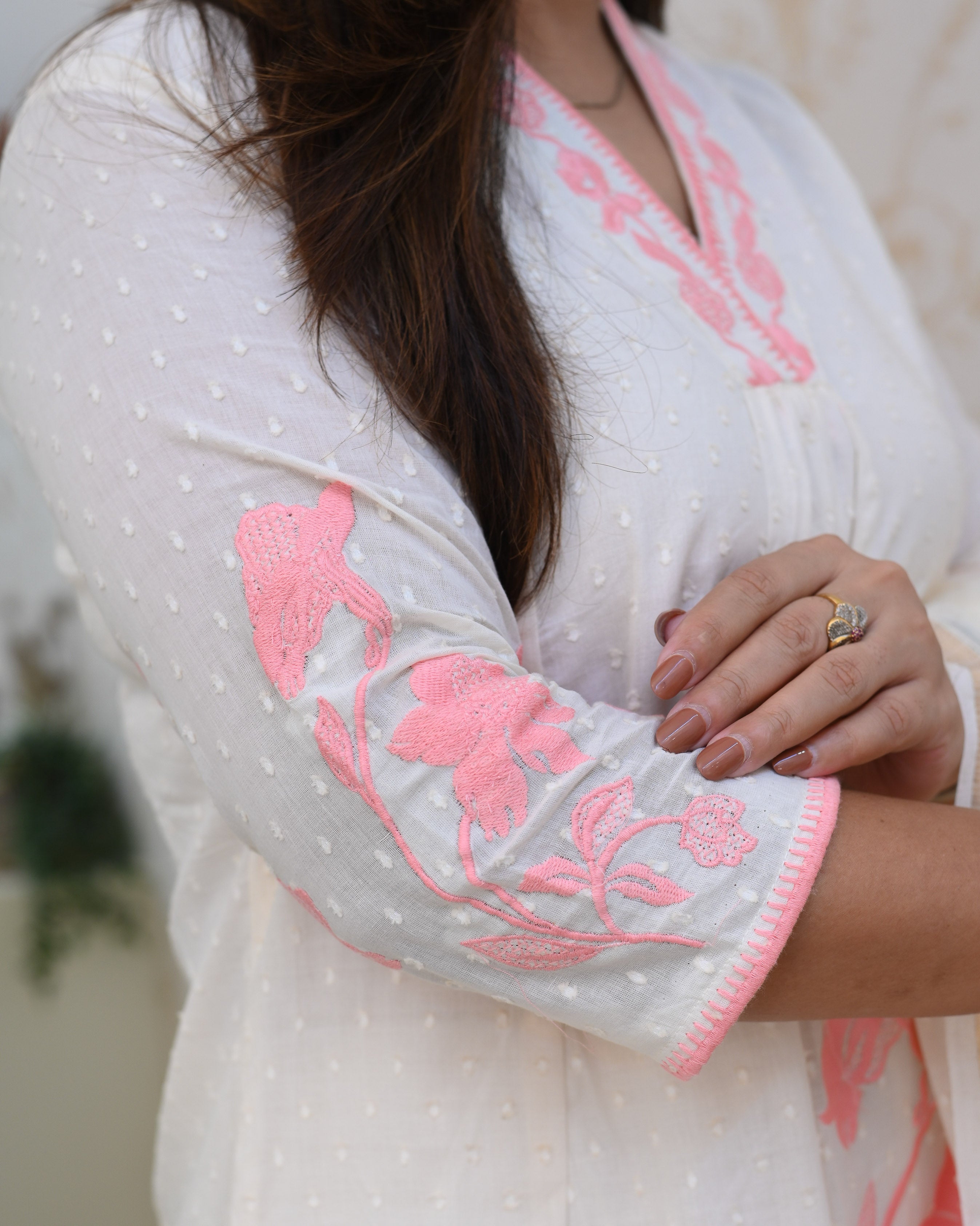 Dobby Cotton A-line Embroidered Pant Set - The Jaipur Studio