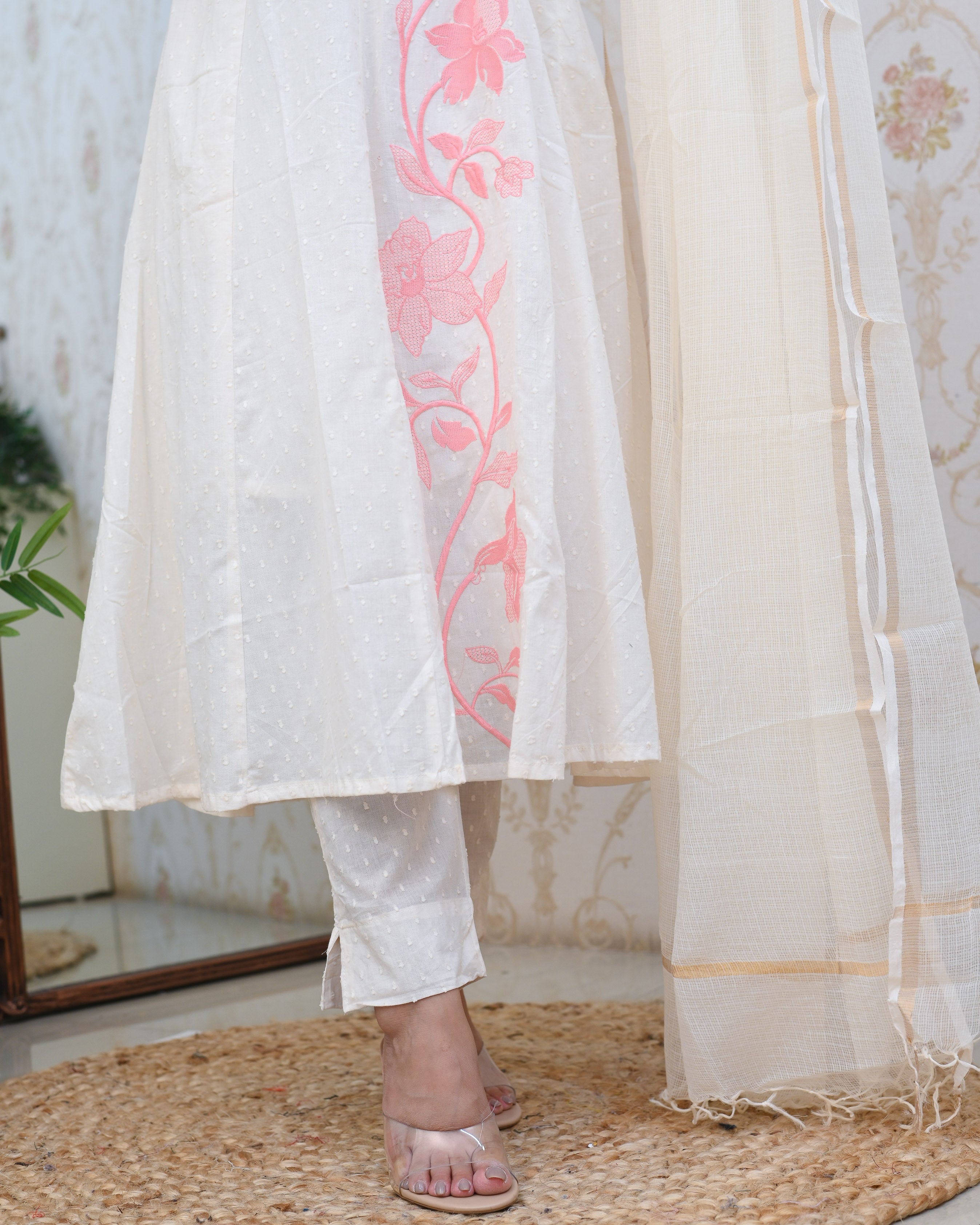 Dobby Cotton A-line Embroidered Pant Set - The Jaipur Studio