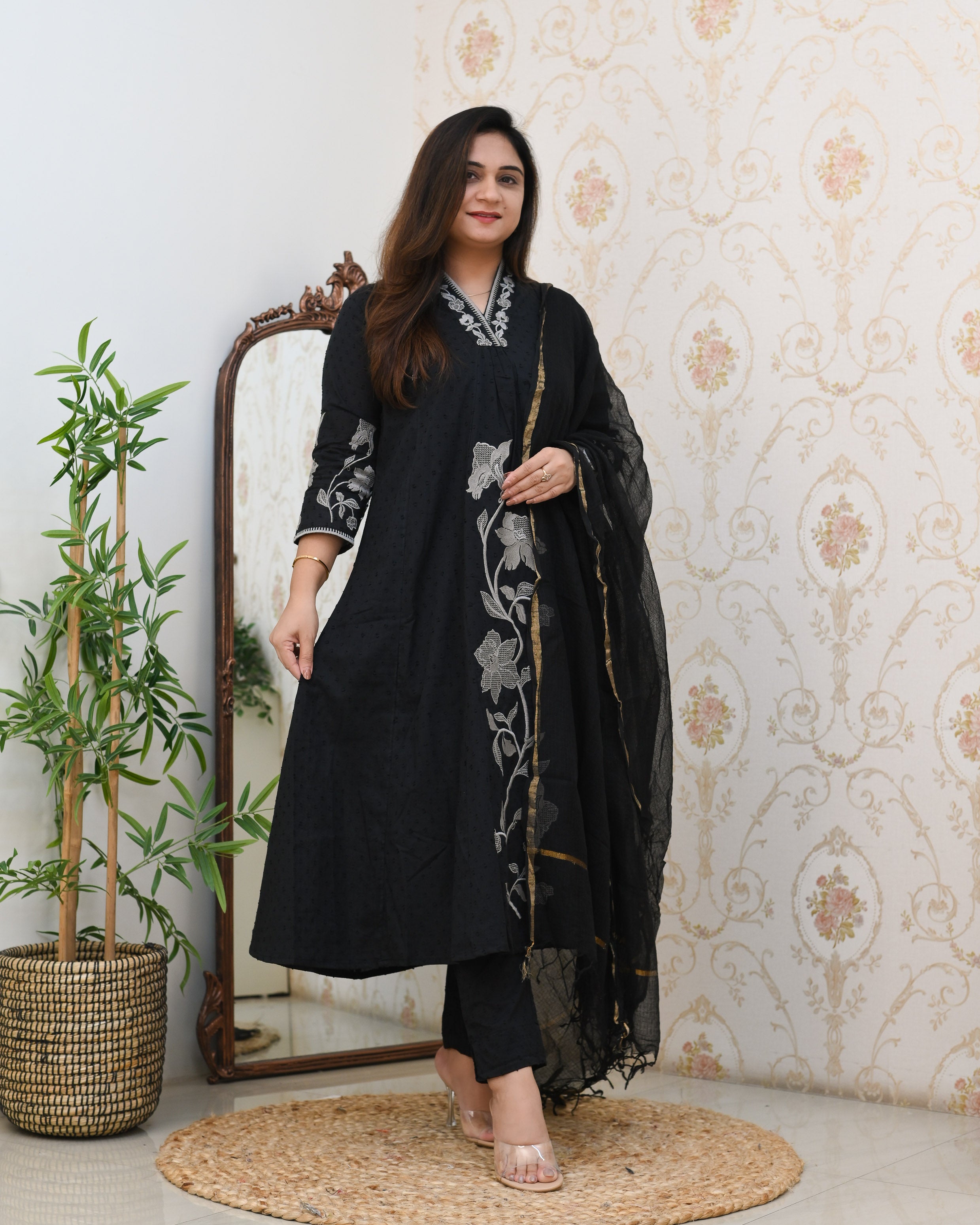 Dobby Cotton A-line Embroidered Pant Set - The Jaipur Studio