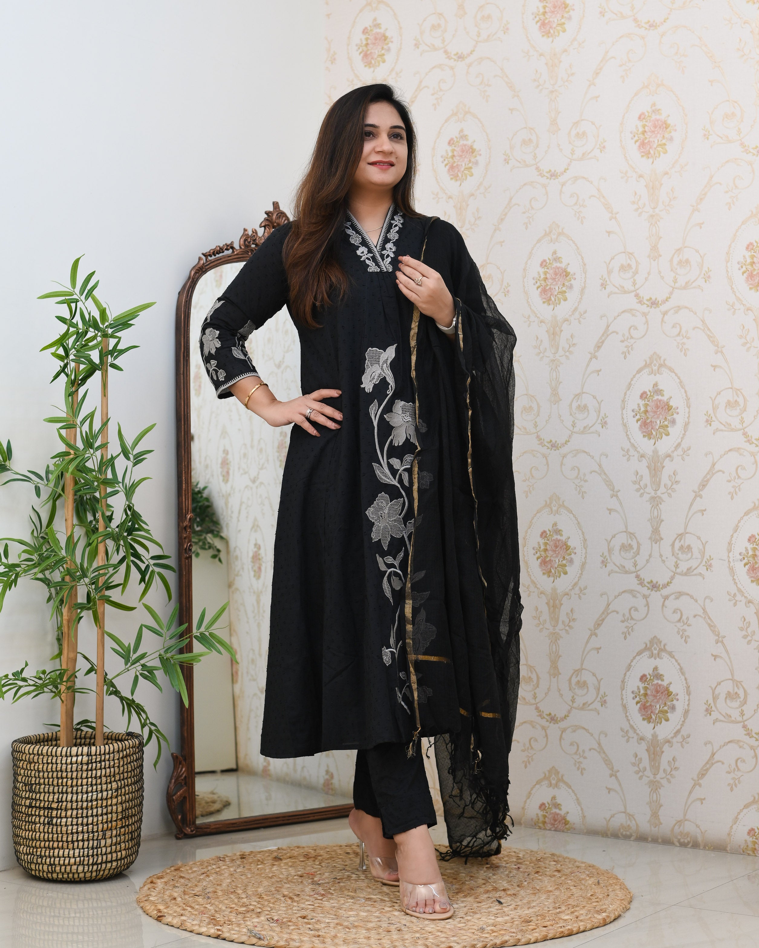 Dobby Cotton A-line Embroidered Pant Set - The Jaipur Studio