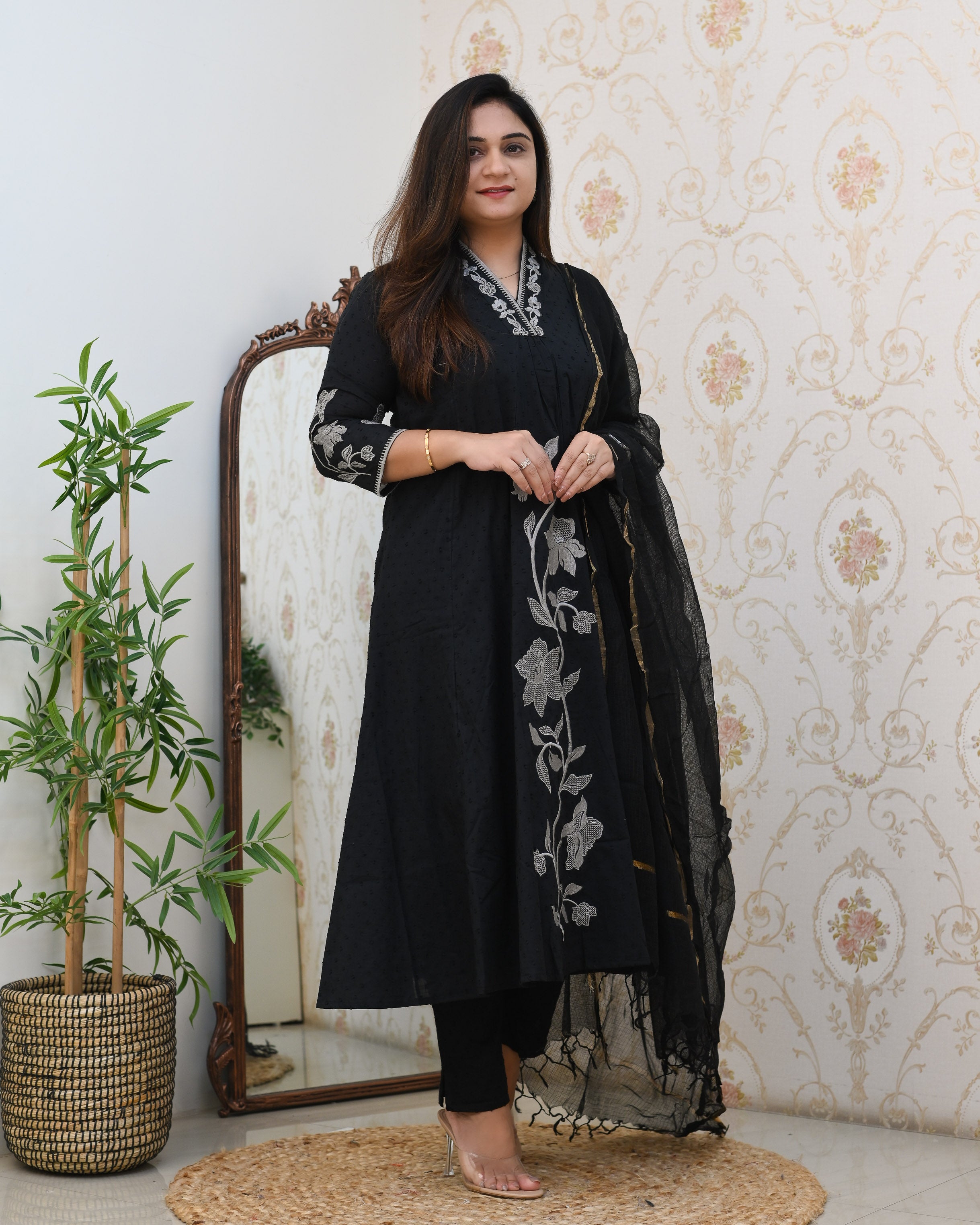 Dobby Cotton A-line Embroidered Pant Set - The Jaipur Studio