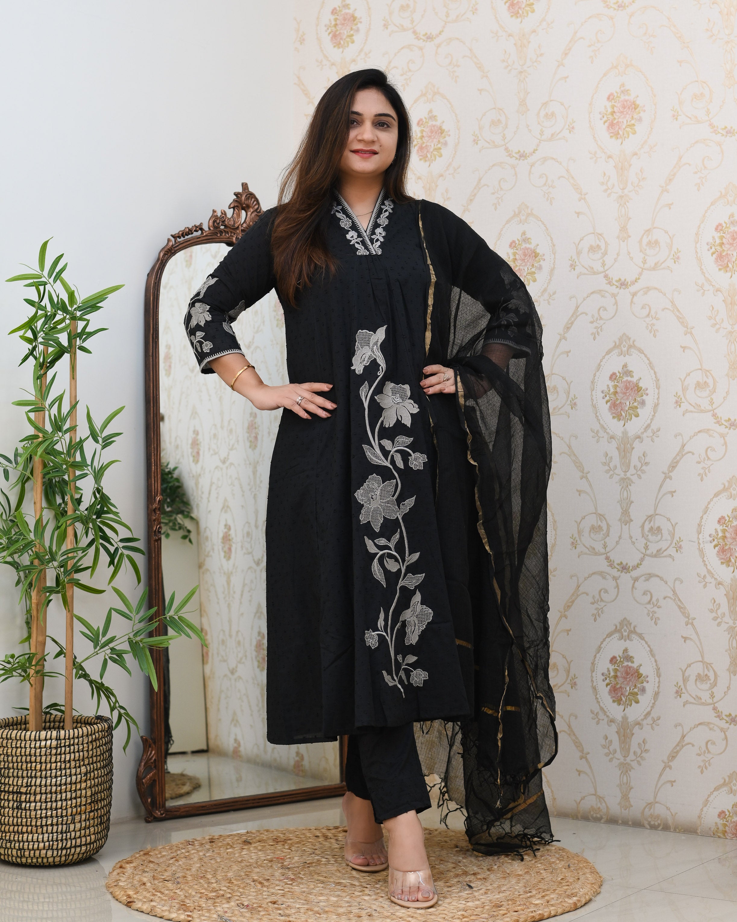 Dobby Cotton A-line Embroidered Pant Set - The Jaipur Studio