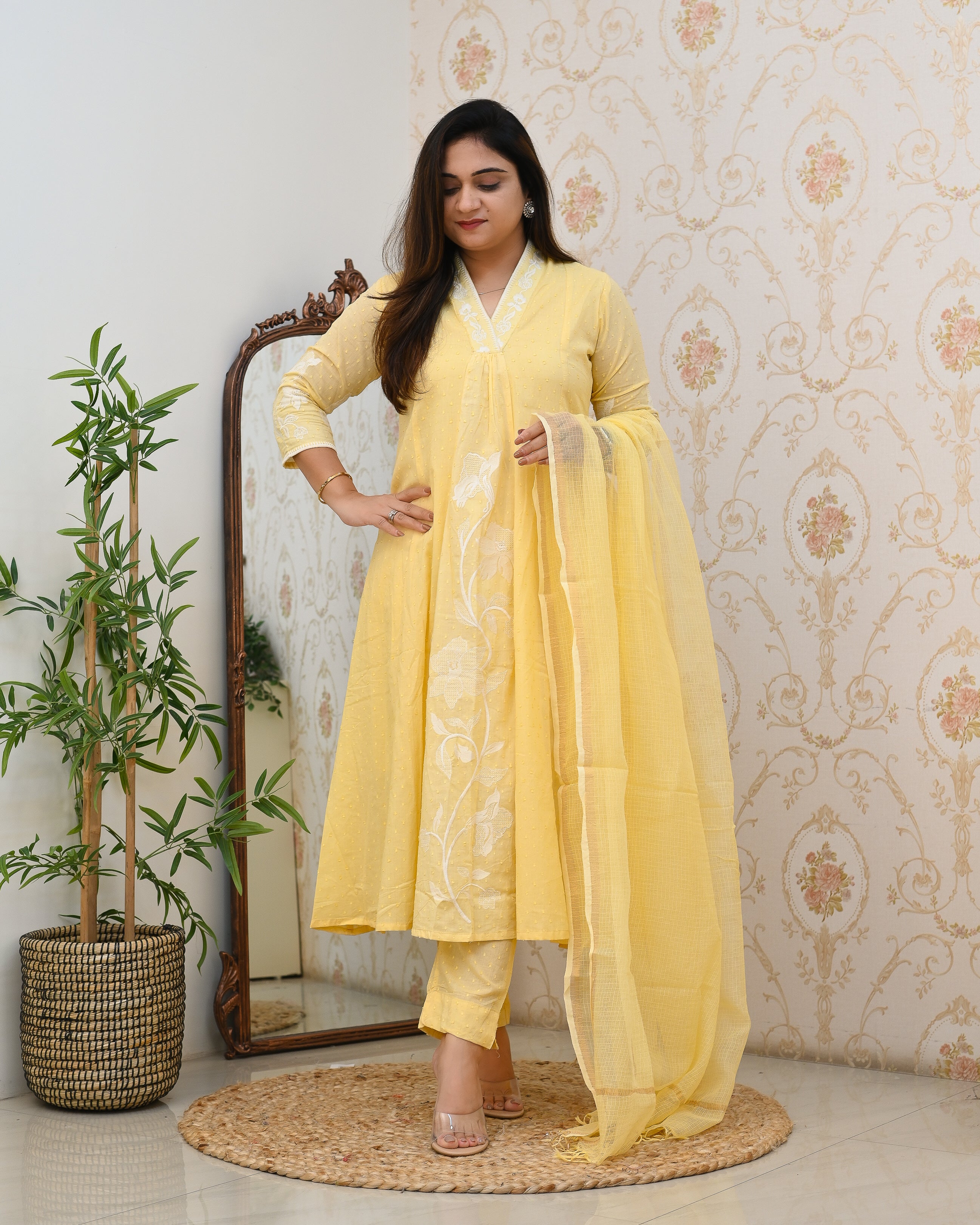 Dobby Cotton A-line Embroidered Pant Set - The Jaipur Studio