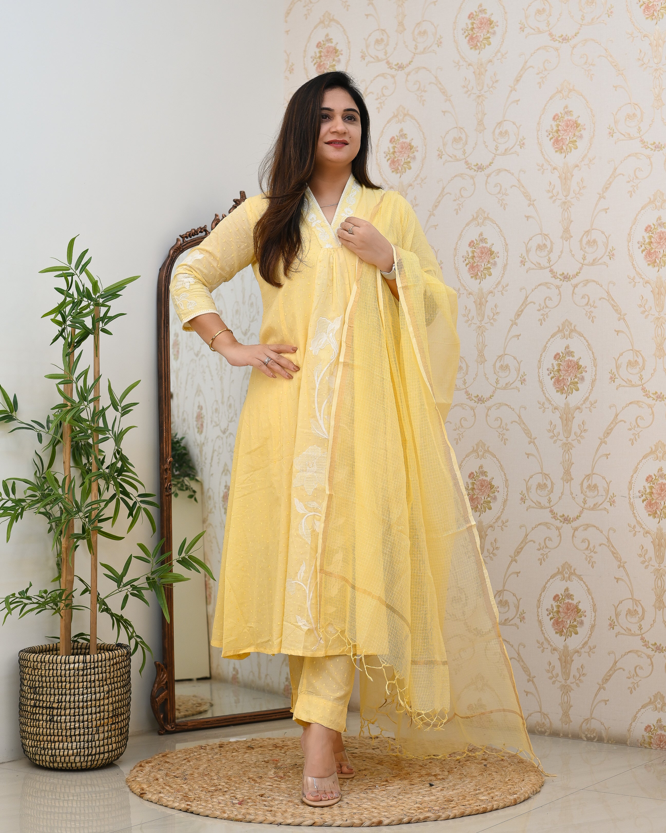 Dobby Cotton A-line Embroidered Pant Set - The Jaipur Studio