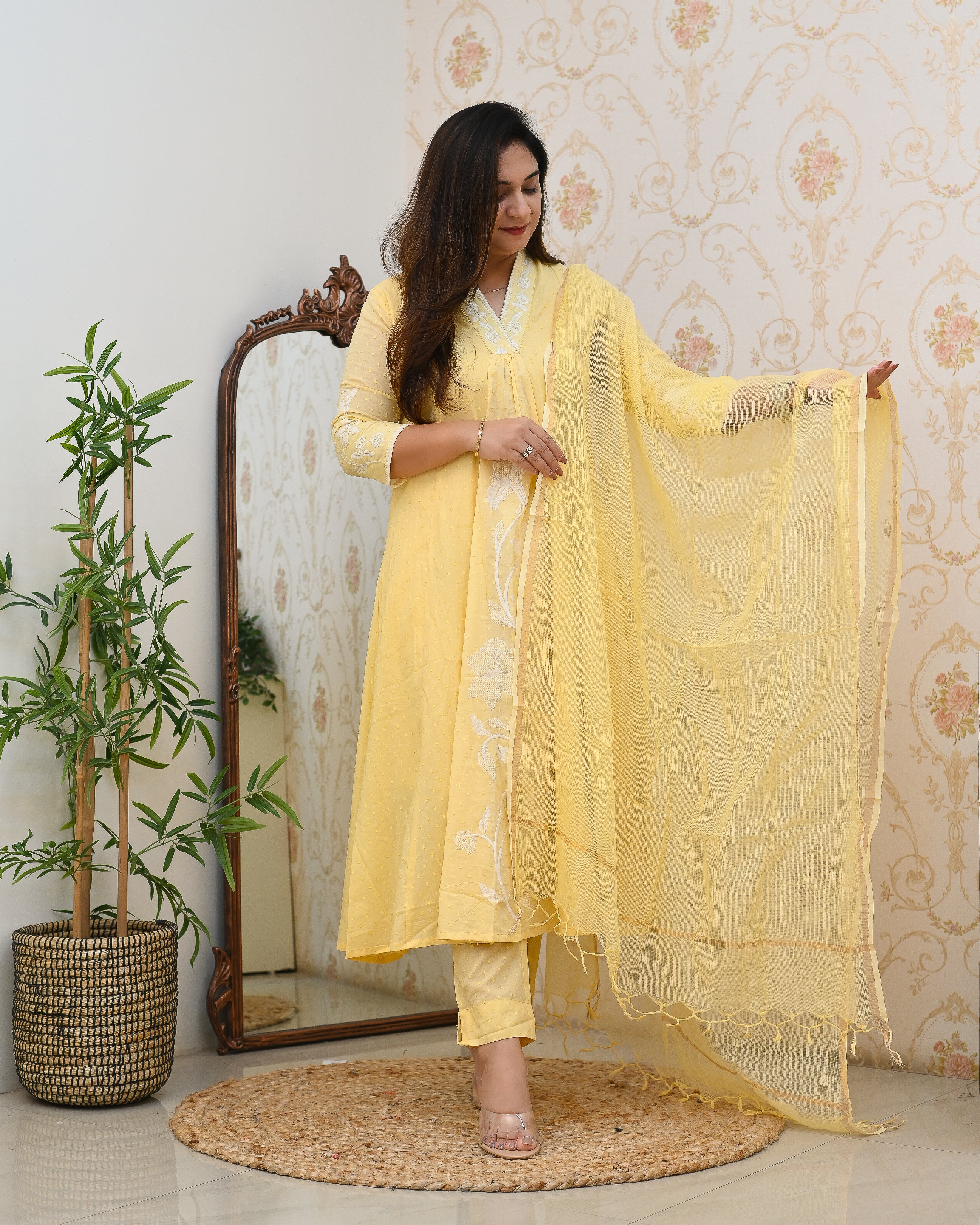 Dobby Cotton A-line Embroidered Pant Set - The Jaipur Studio