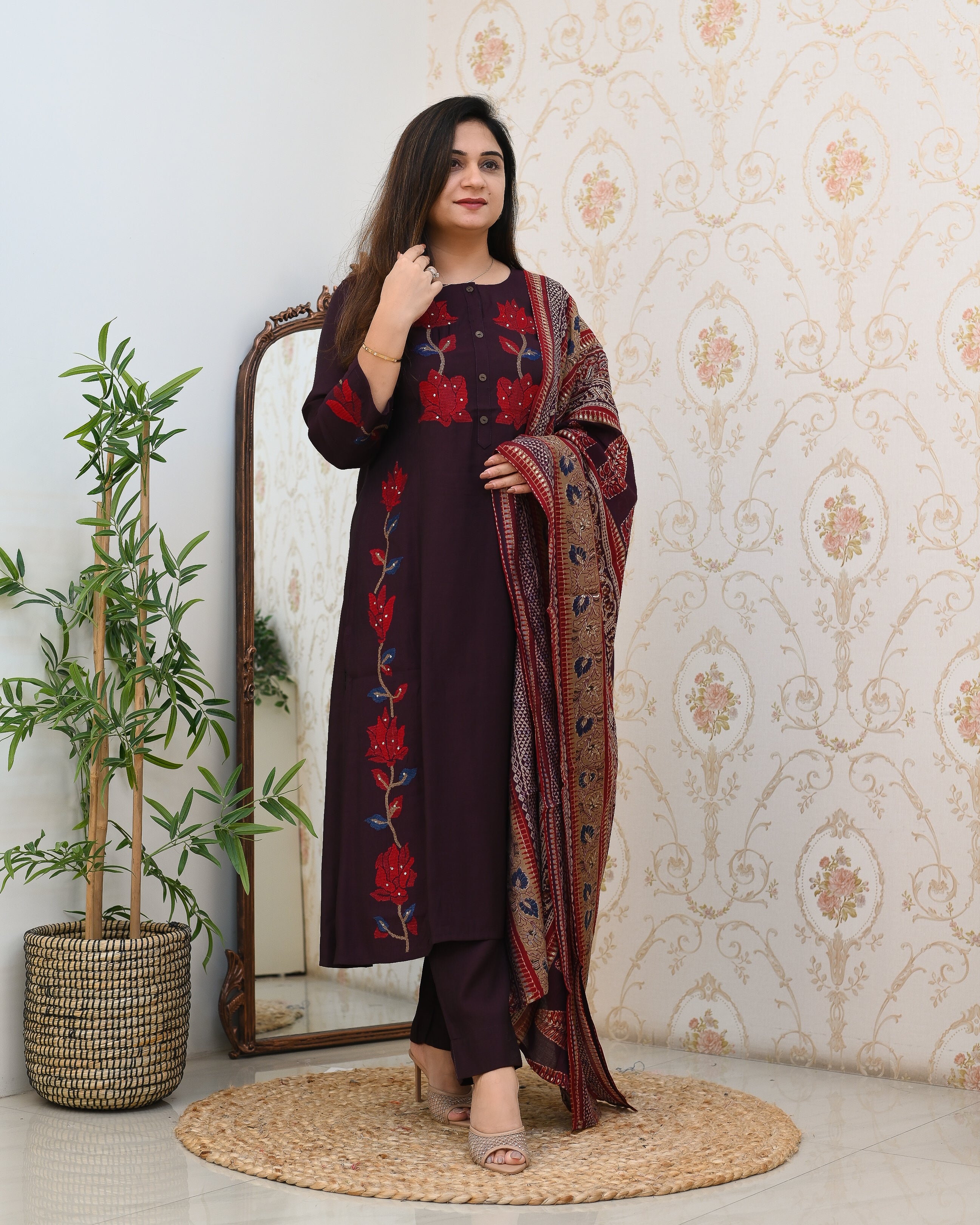 Modal Silk Embroidered Pant Set - The Jaipur Studio