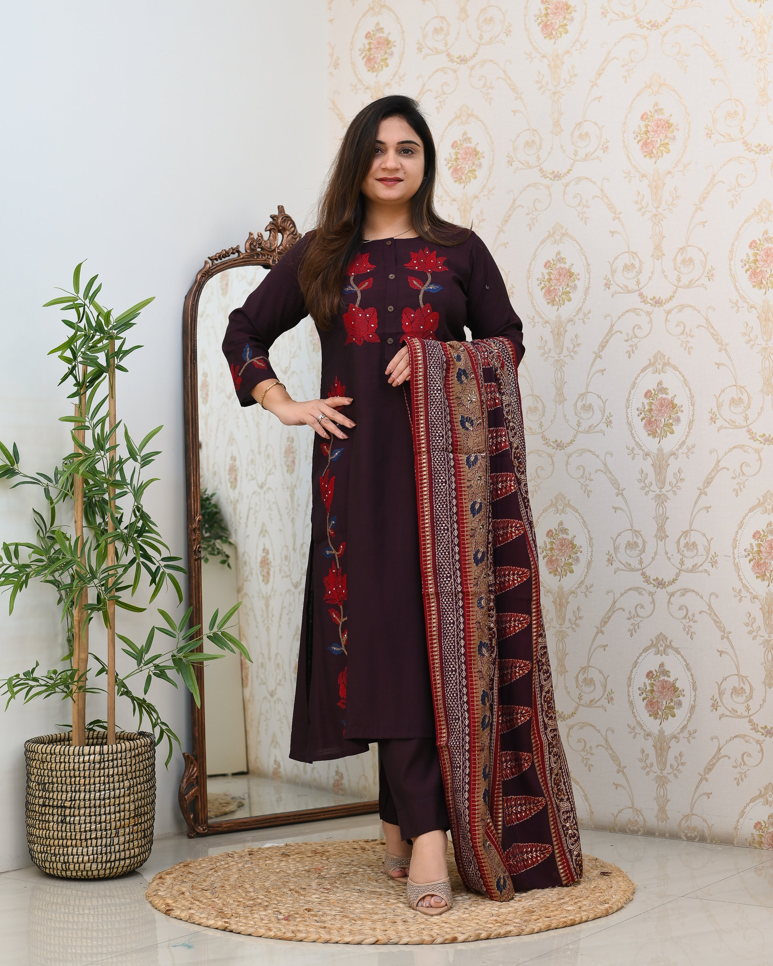 Modal Silk Embroidered Pant Set - The Jaipur Studio