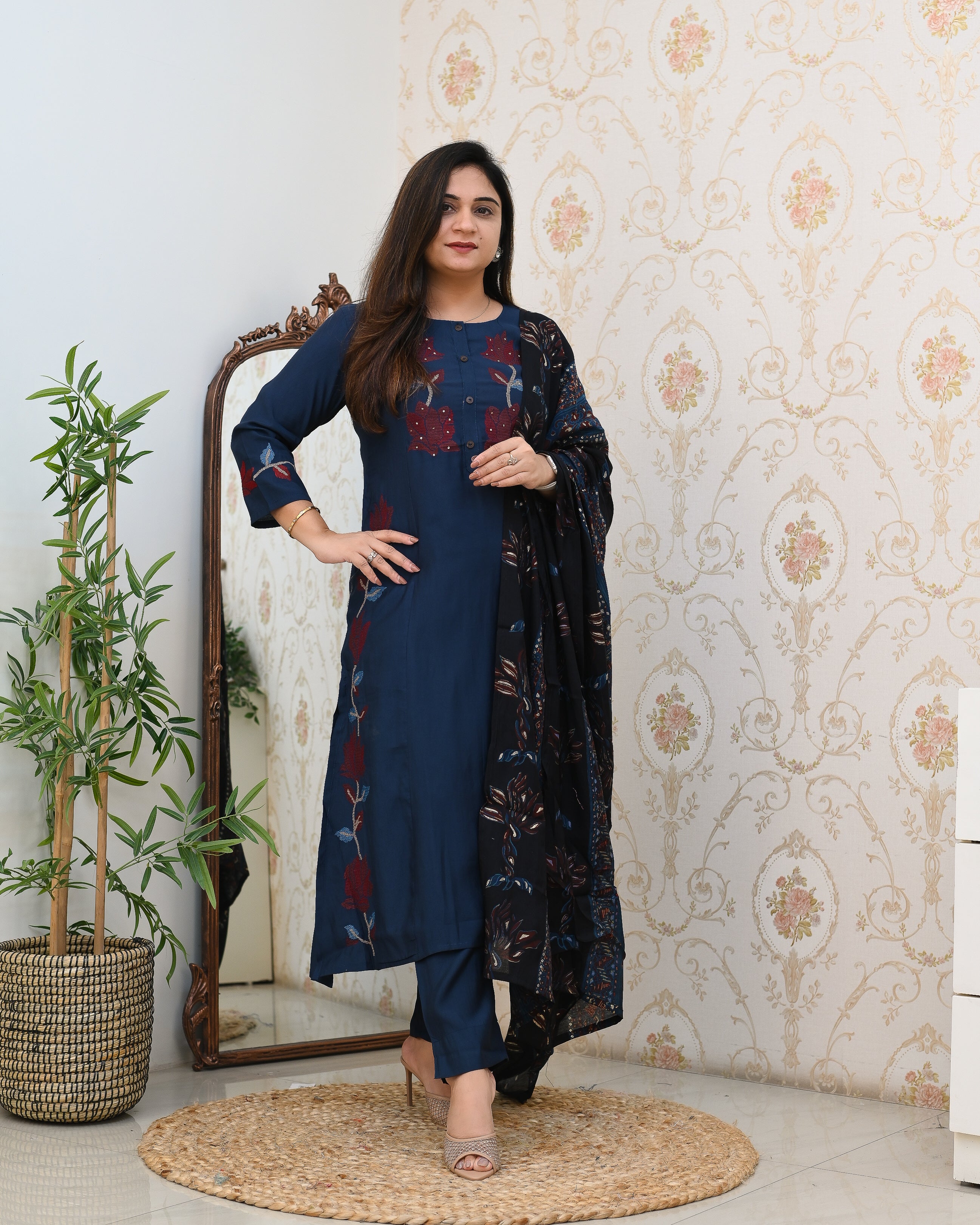 Modal Silk Embroidered Pant Set - The Jaipur Studio
