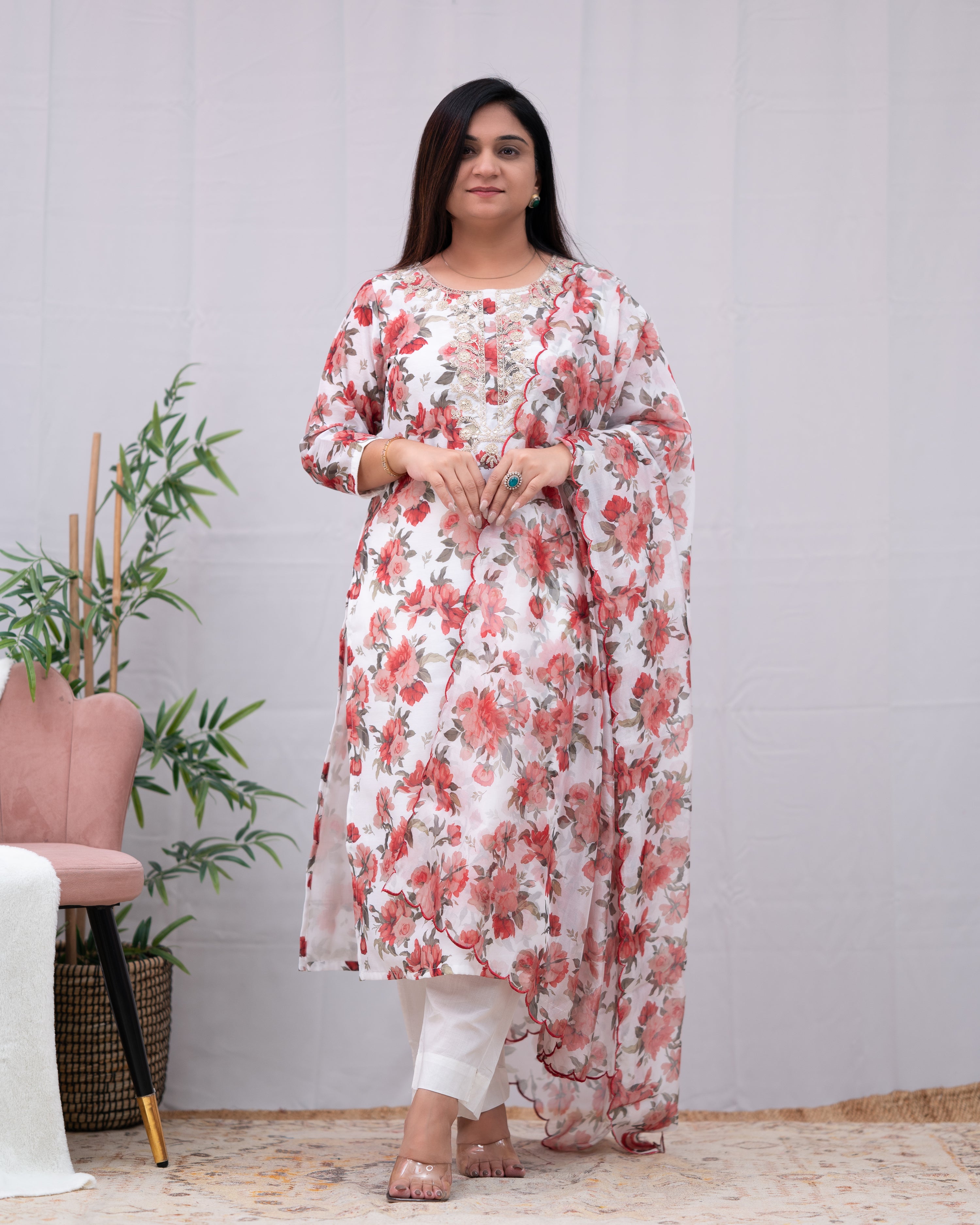 Zaina White Floral Organza Pant Set - The Jaipur Studio