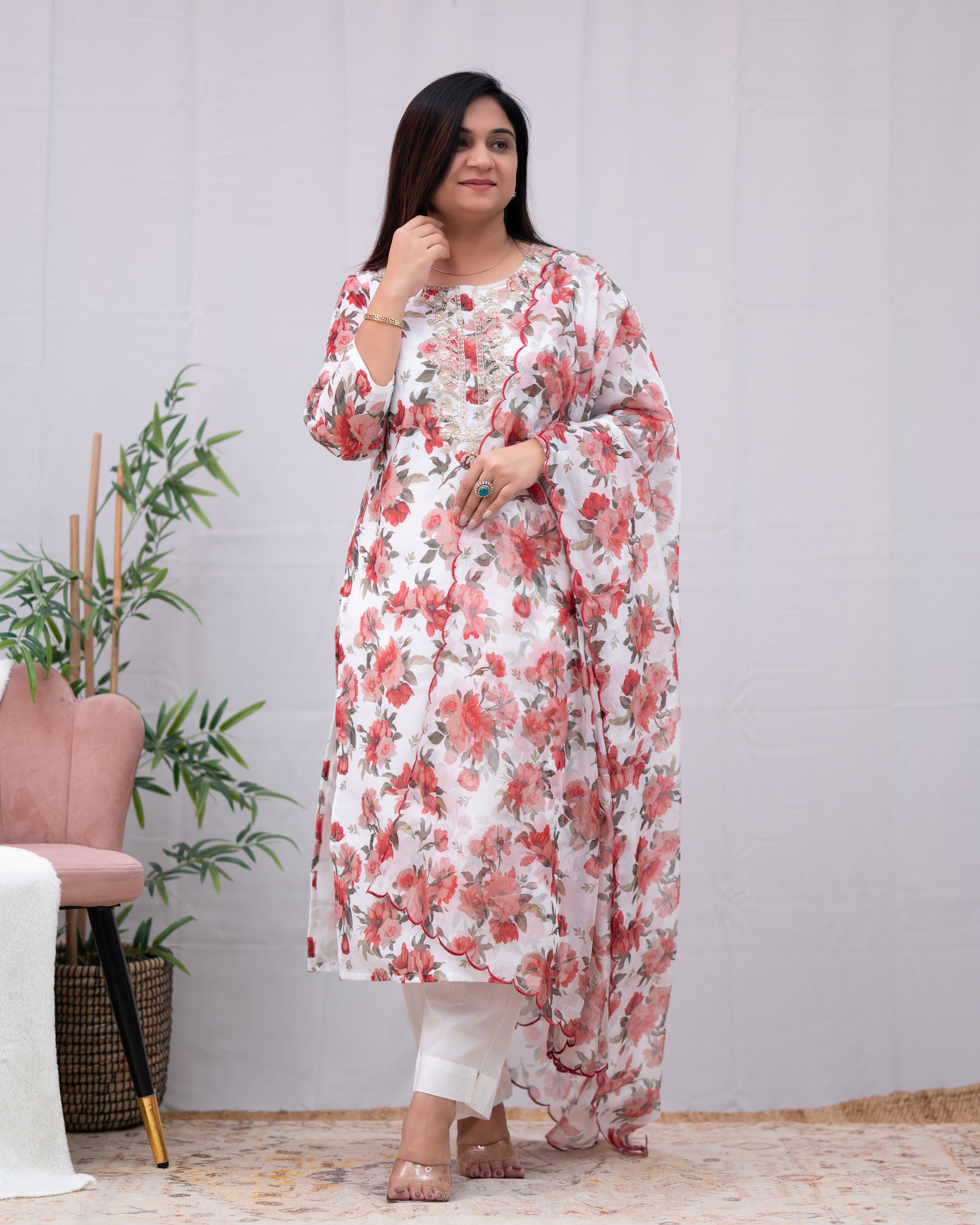 Zaina White Floral Organza Pant Set - The Jaipur Studio