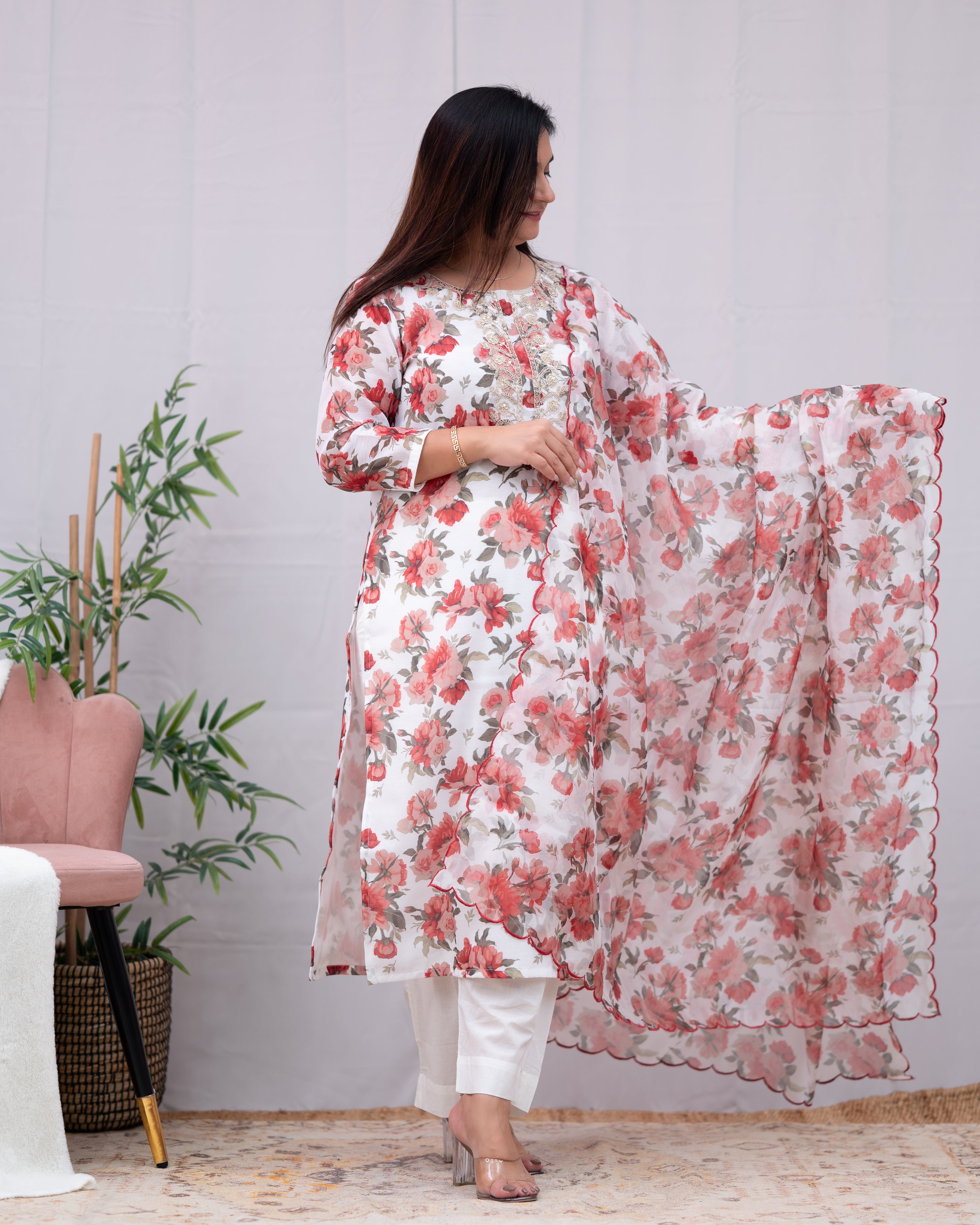 Zaina White Floral Organza Pant Set - The Jaipur Studio
