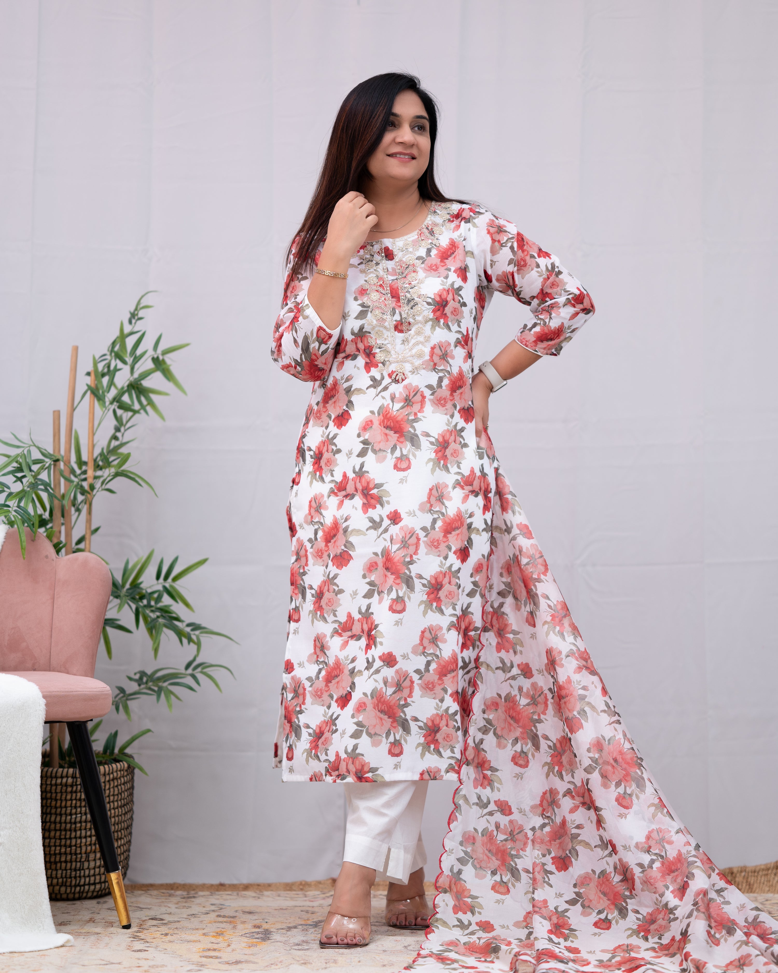 Zaina White Floral Organza Pant Set - The Jaipur Studio