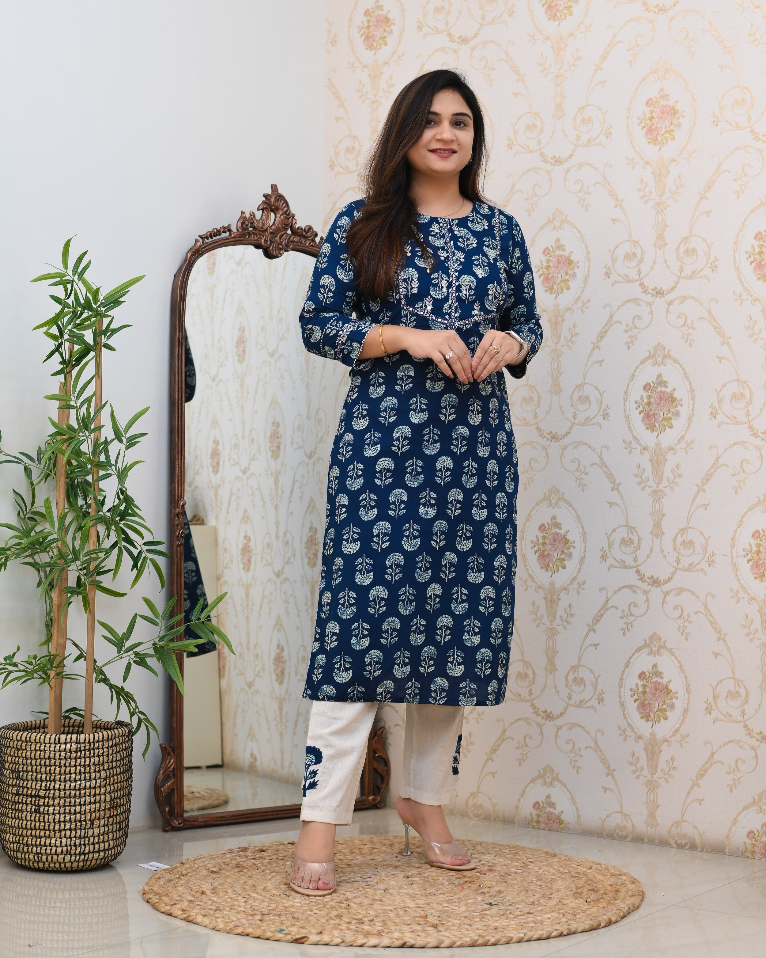 Indigo Cotton Embroidered Casual Pant Set - The Jaipur Studio