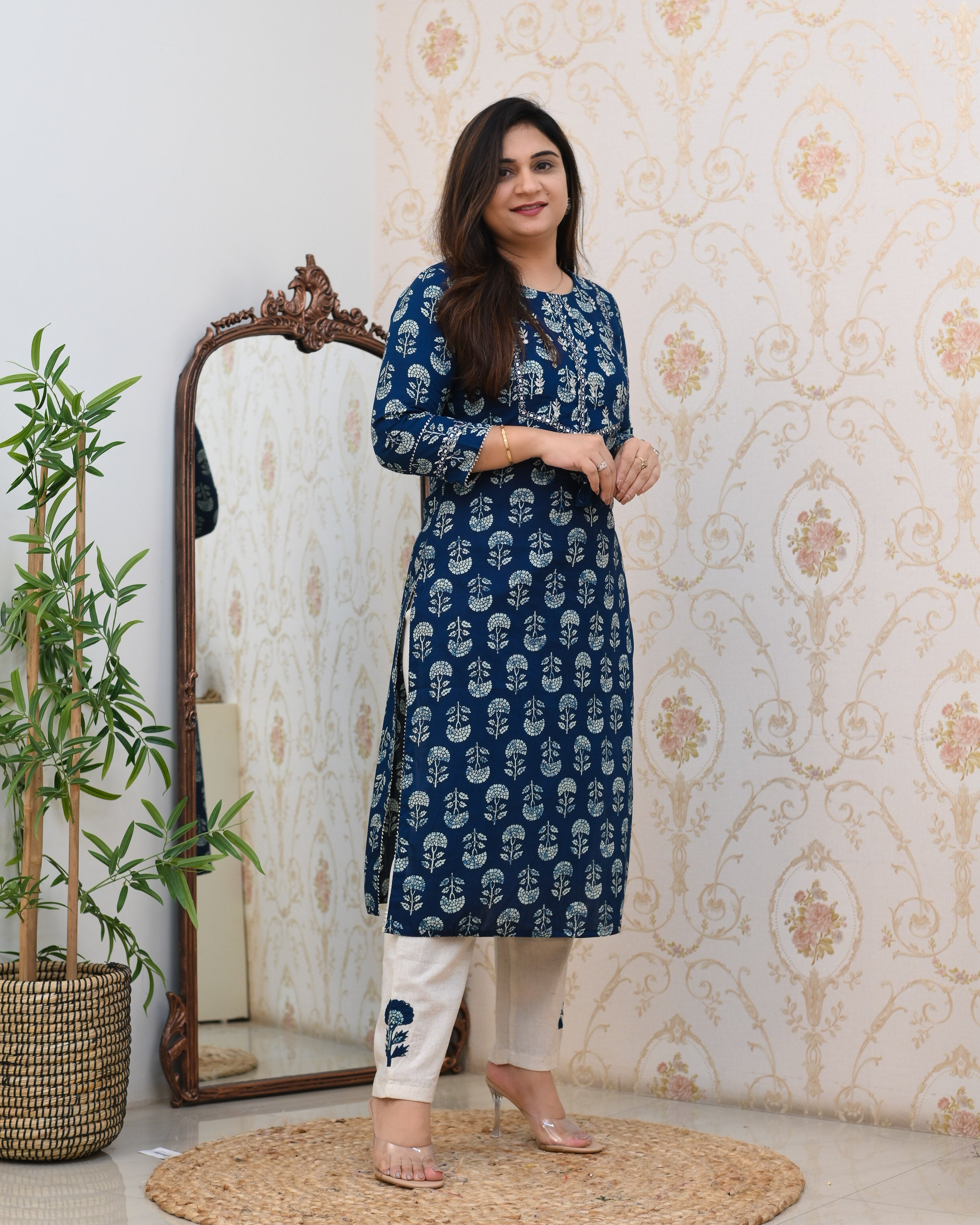 Indigo Cotton Embroidered Casual Pant Set - The Jaipur Studio