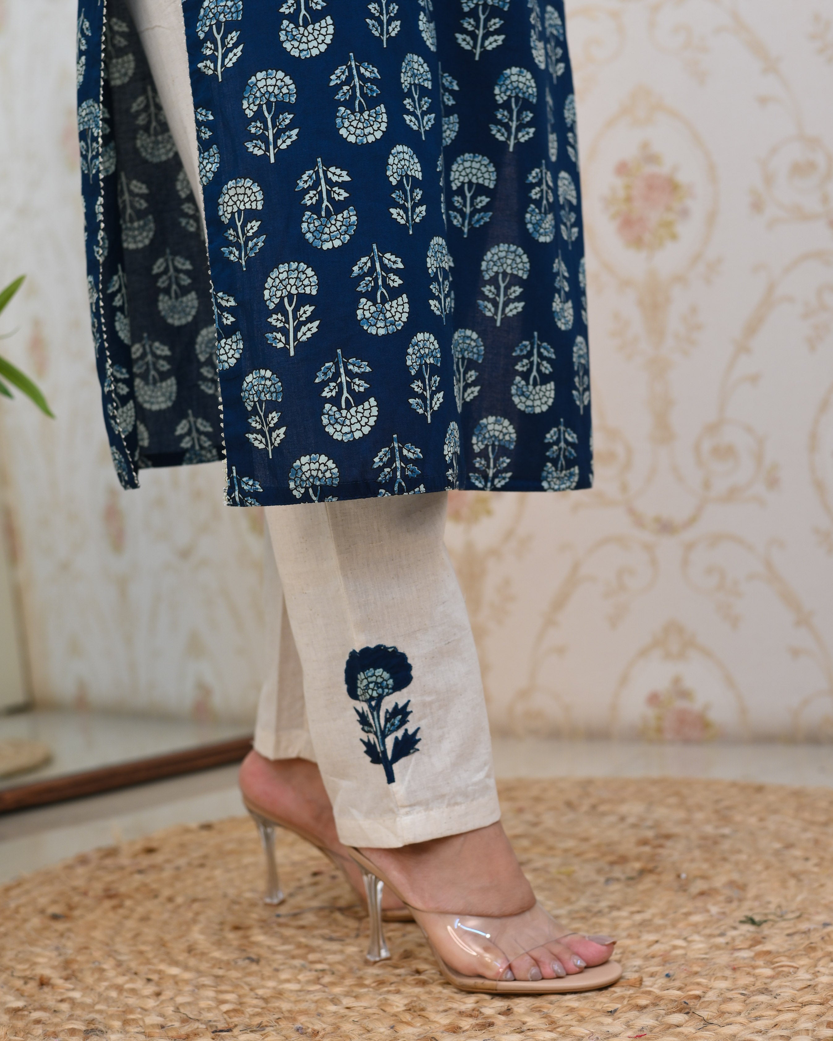 Indigo Cotton Embroidered Casual Pant Set - The Jaipur Studio