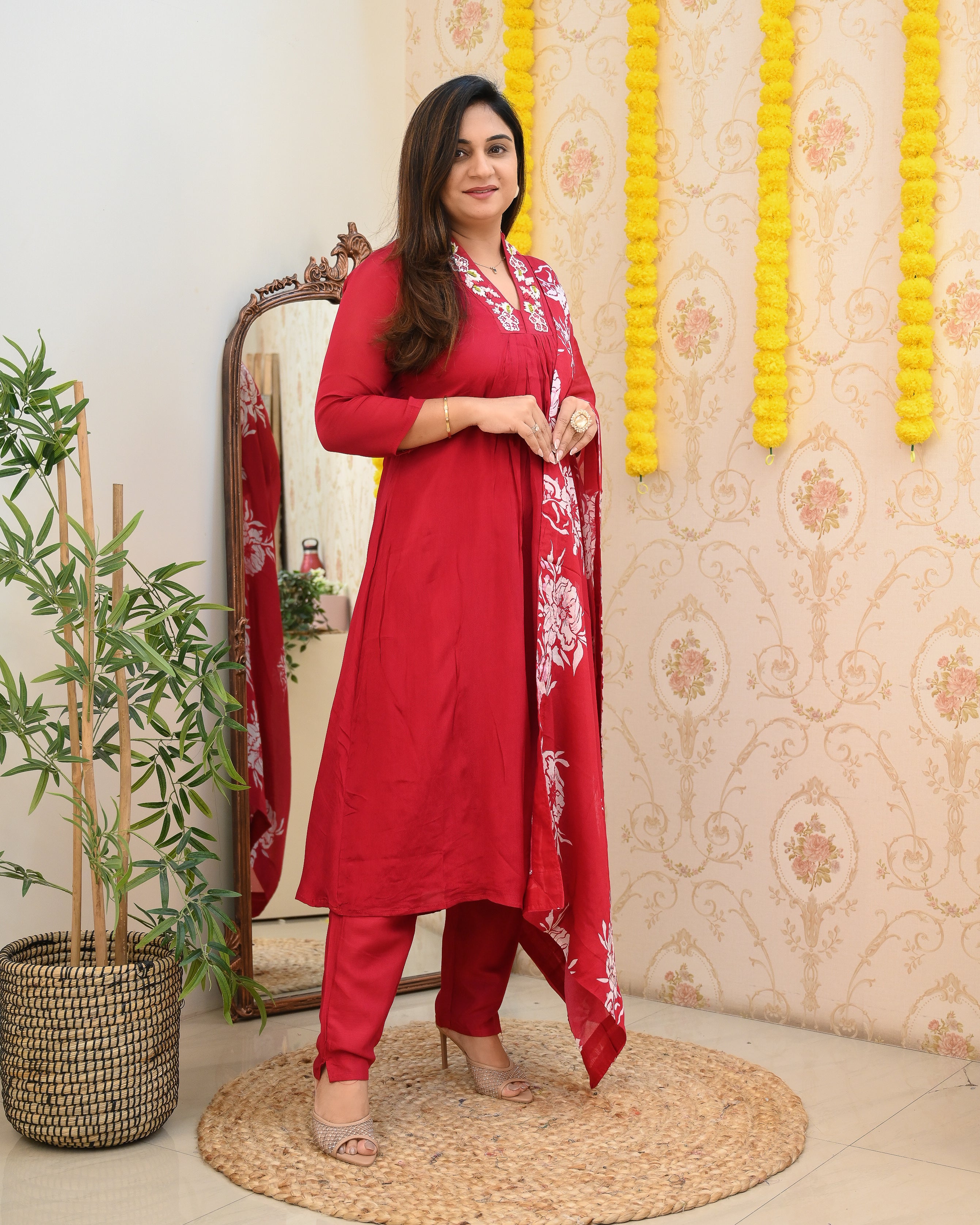 Premium Chinnon Hand Embroidered A-line Pant Set - The Jaipur Studio