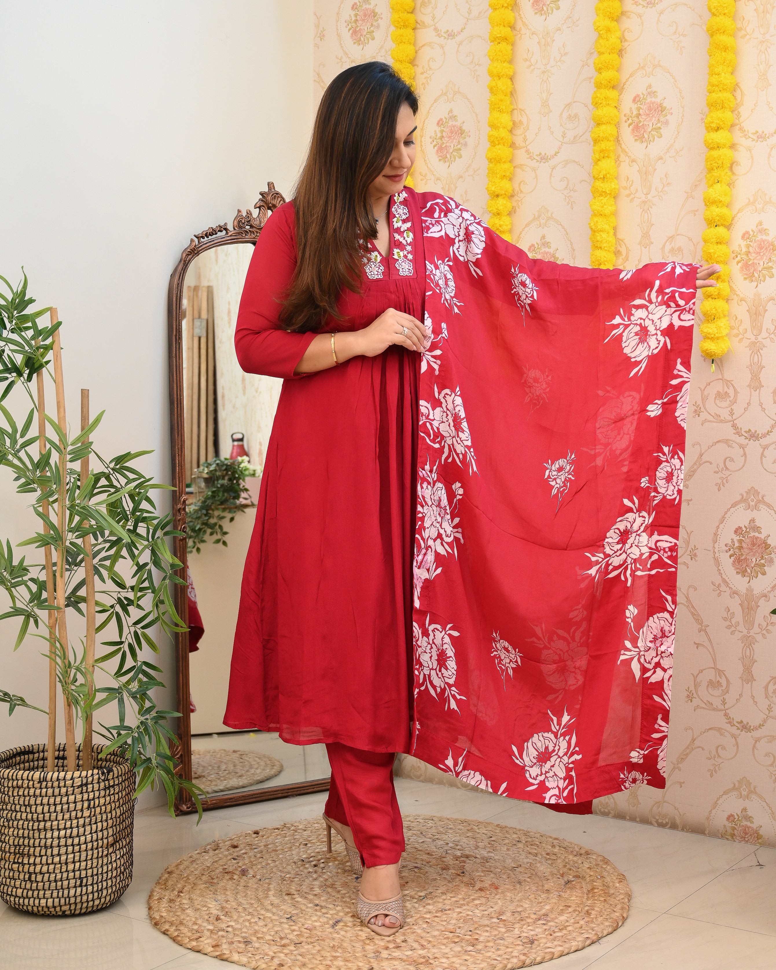 Premium Chinnon Hand Embroidered A-line Pant Set - The Jaipur Studio