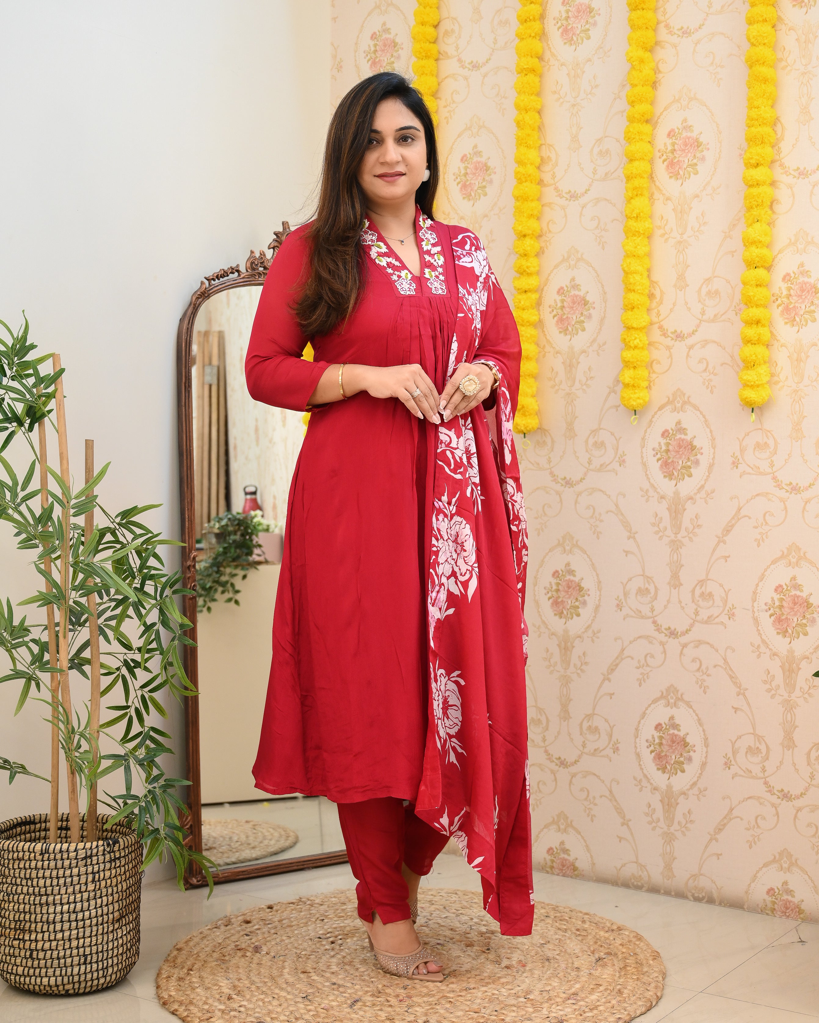 Premium Chinnon Hand Embroidered A-line Pant Set - The Jaipur Studio