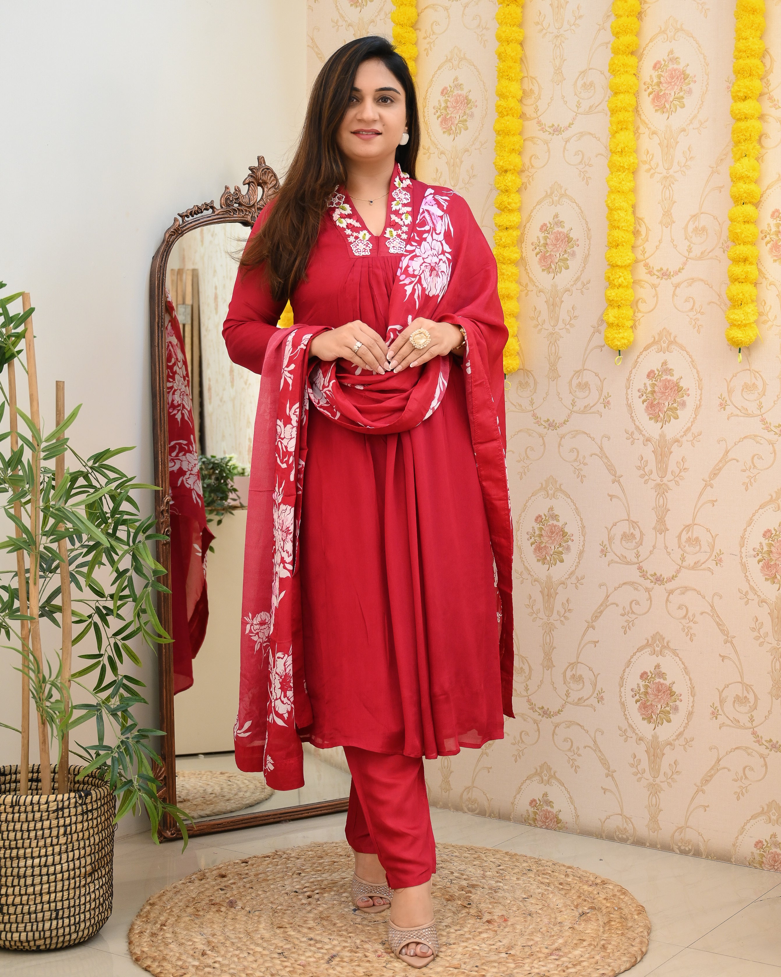 Premium Chinnon Hand Embroidered A-line Pant Set - The Jaipur Studio