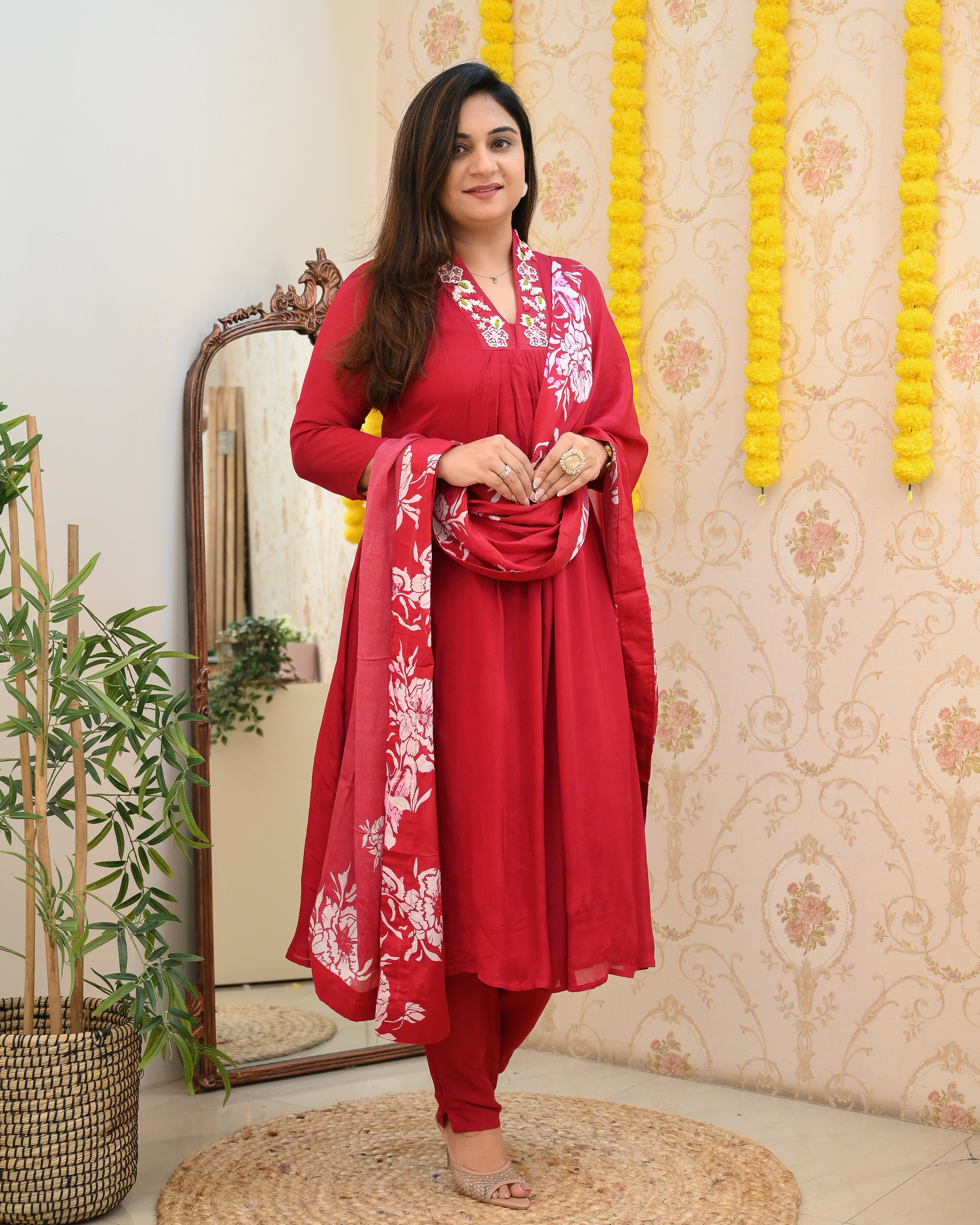 Premium Chinnon Hand Embroidered A-line Pant Set - The Jaipur Studio