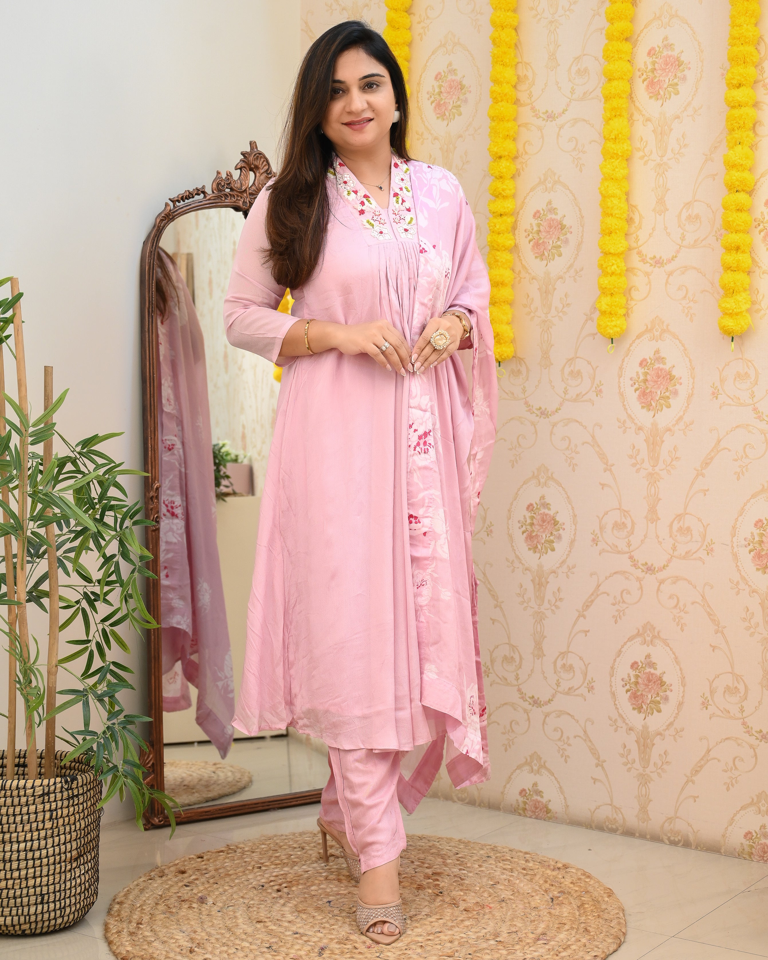 Premium Chinnon Hand Embroidered A-line Pant Set - The Jaipur Studio