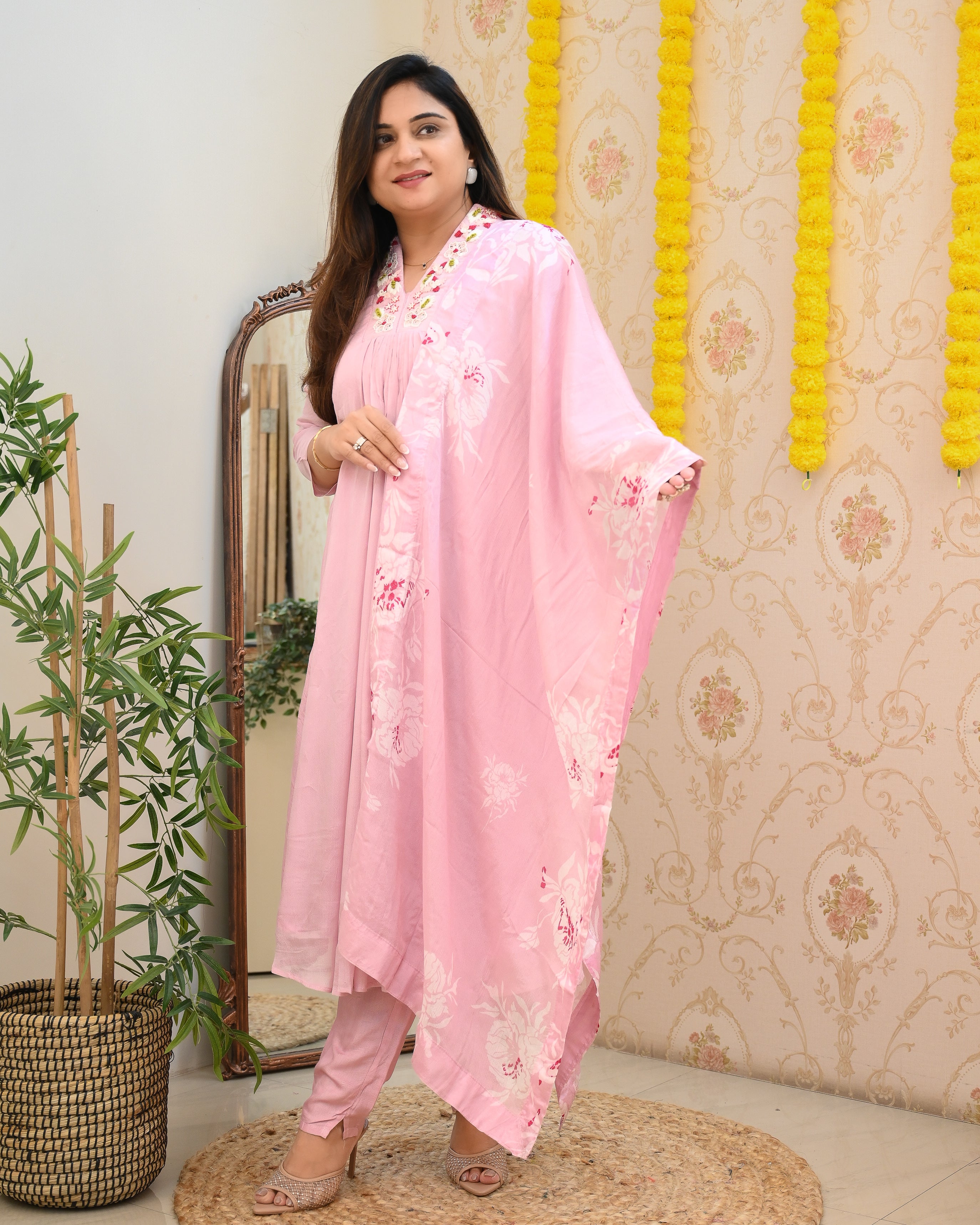 Premium Chinnon Hand Embroidered A-line Pant Set - The Jaipur Studio