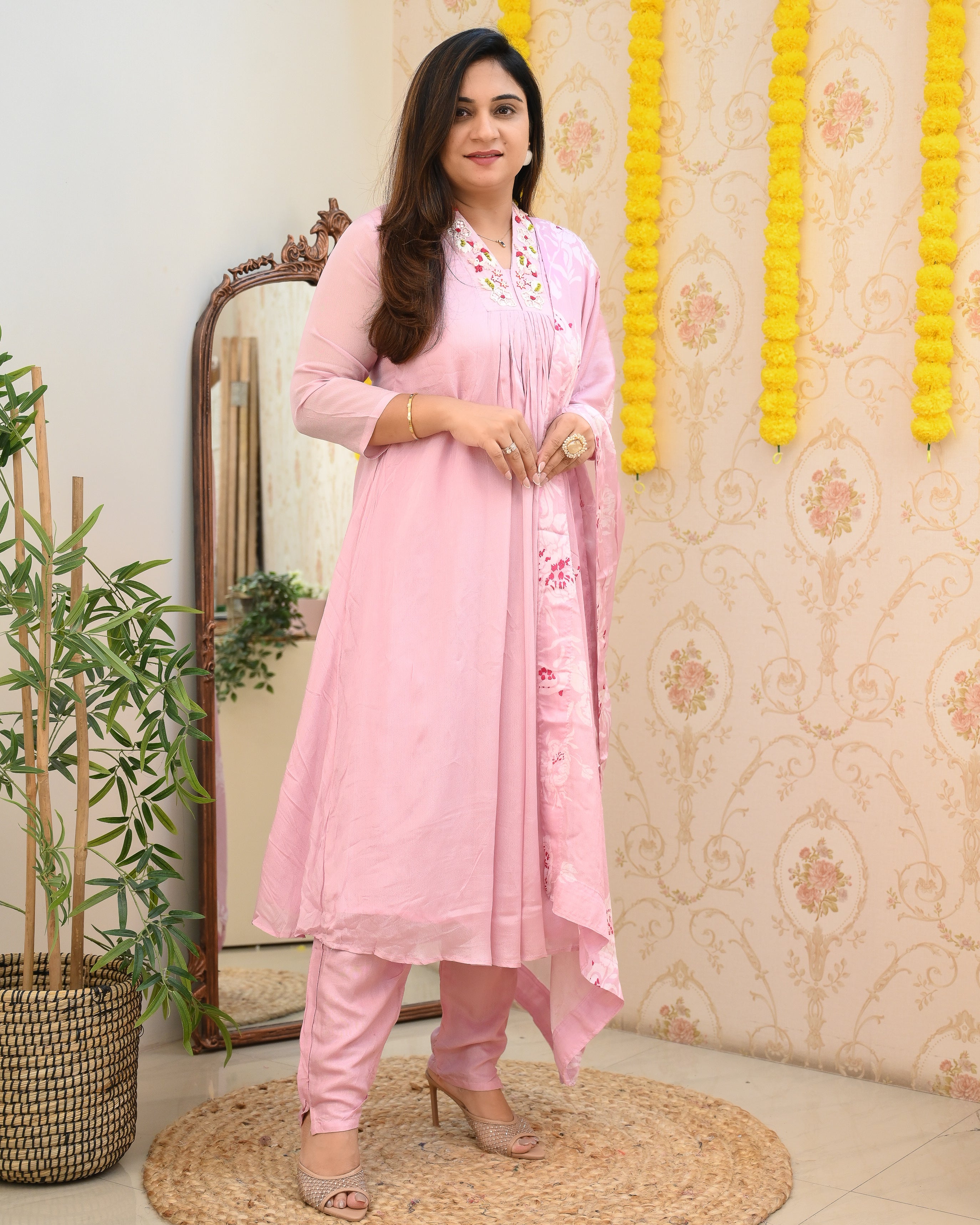 Premium Chinnon Hand Embroidered A-line Pant Set - The Jaipur Studio