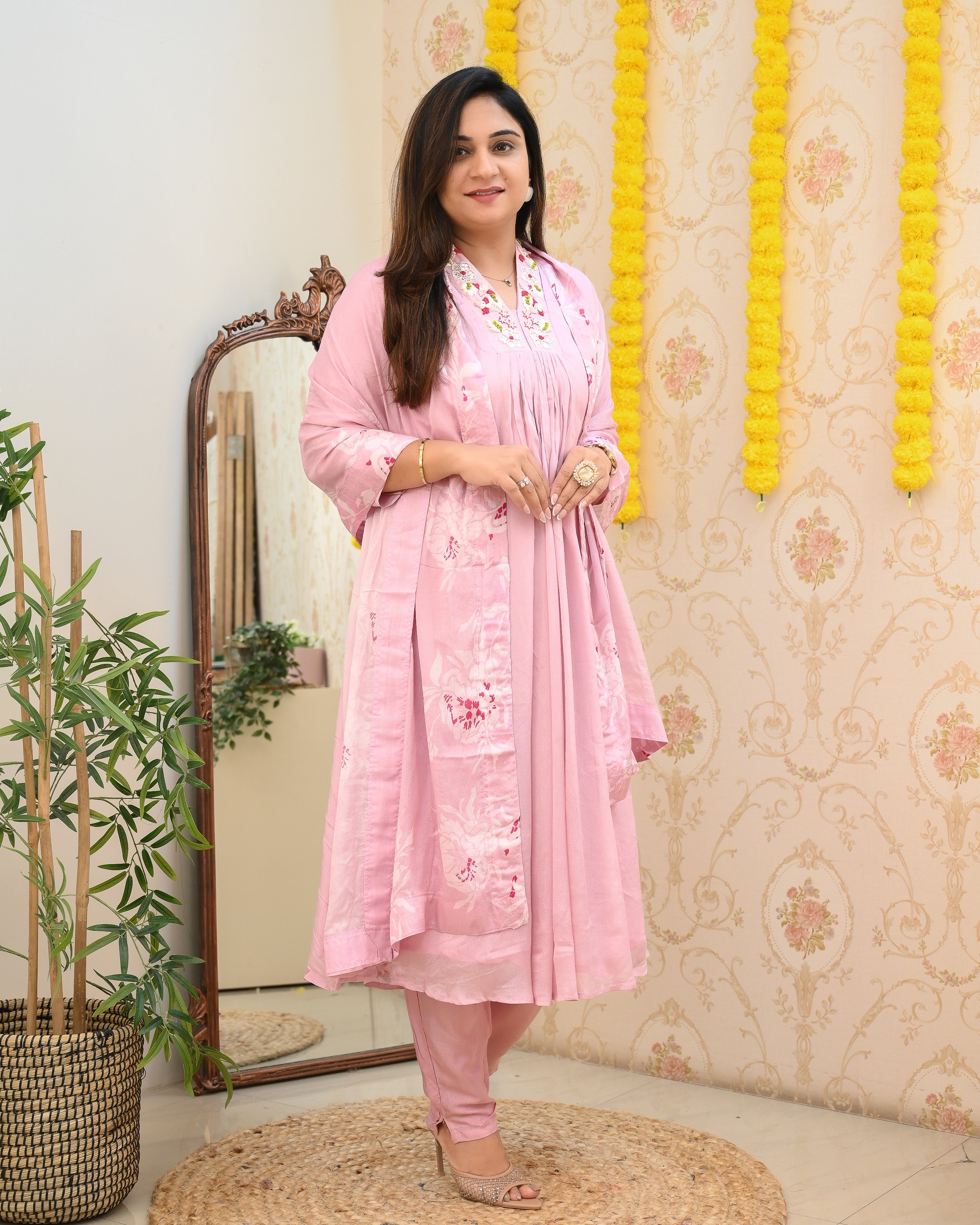 Premium Chinnon Hand Embroidered A-line Pant Set - The Jaipur Studio