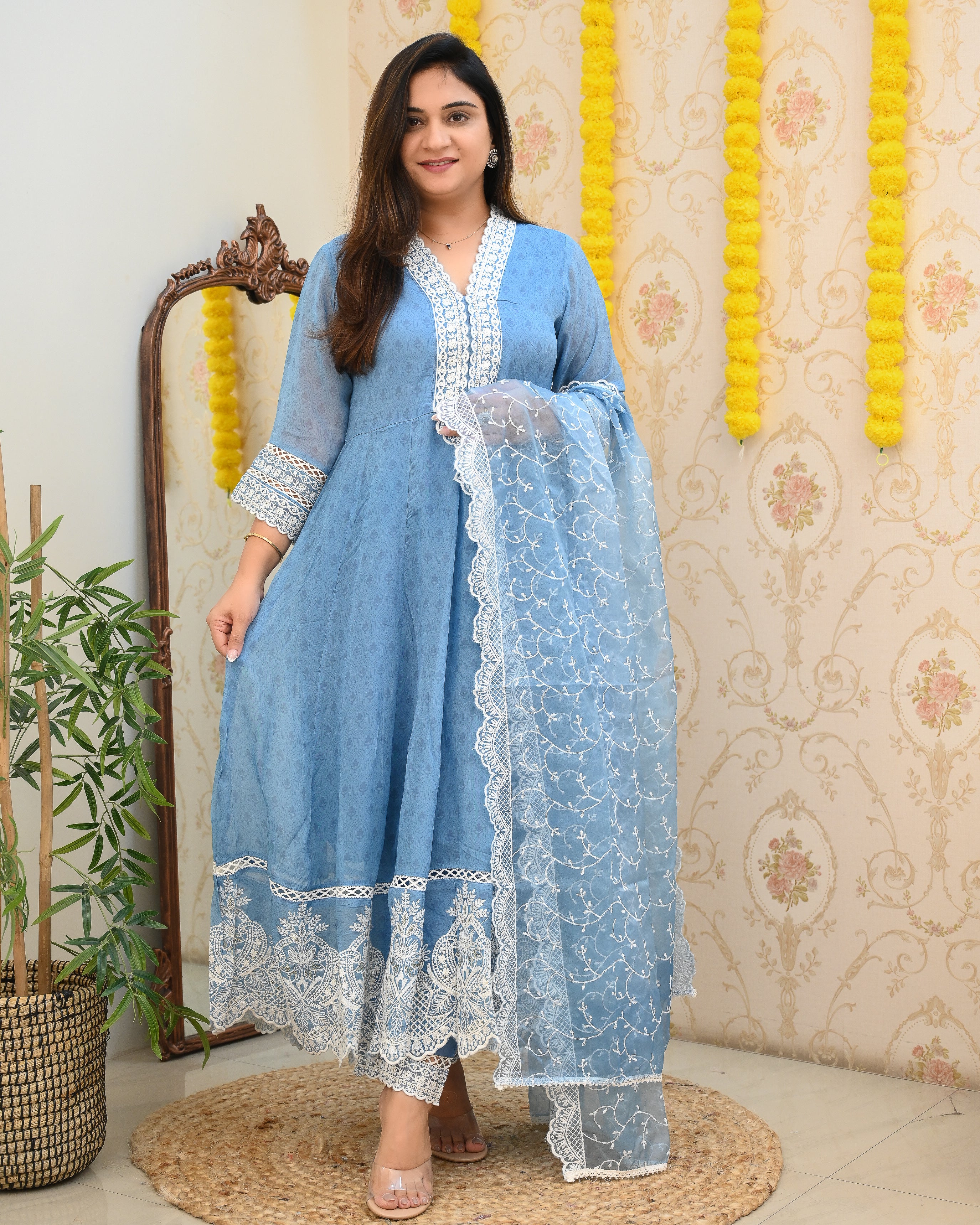 Premium Organza Embroidered Festive Anarkali Pant Set - The Jaipur Studio
