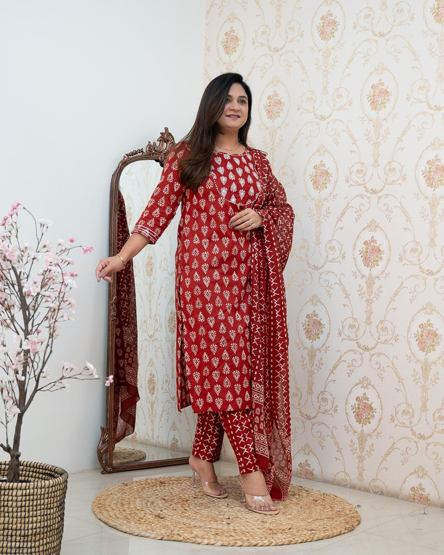 Bagru Cotton Embroidered Straight Pant Set - The Jaipur Studio