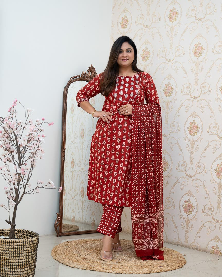 Bagru Cotton Embroidered Straight Pant Set - The Jaipur Studio