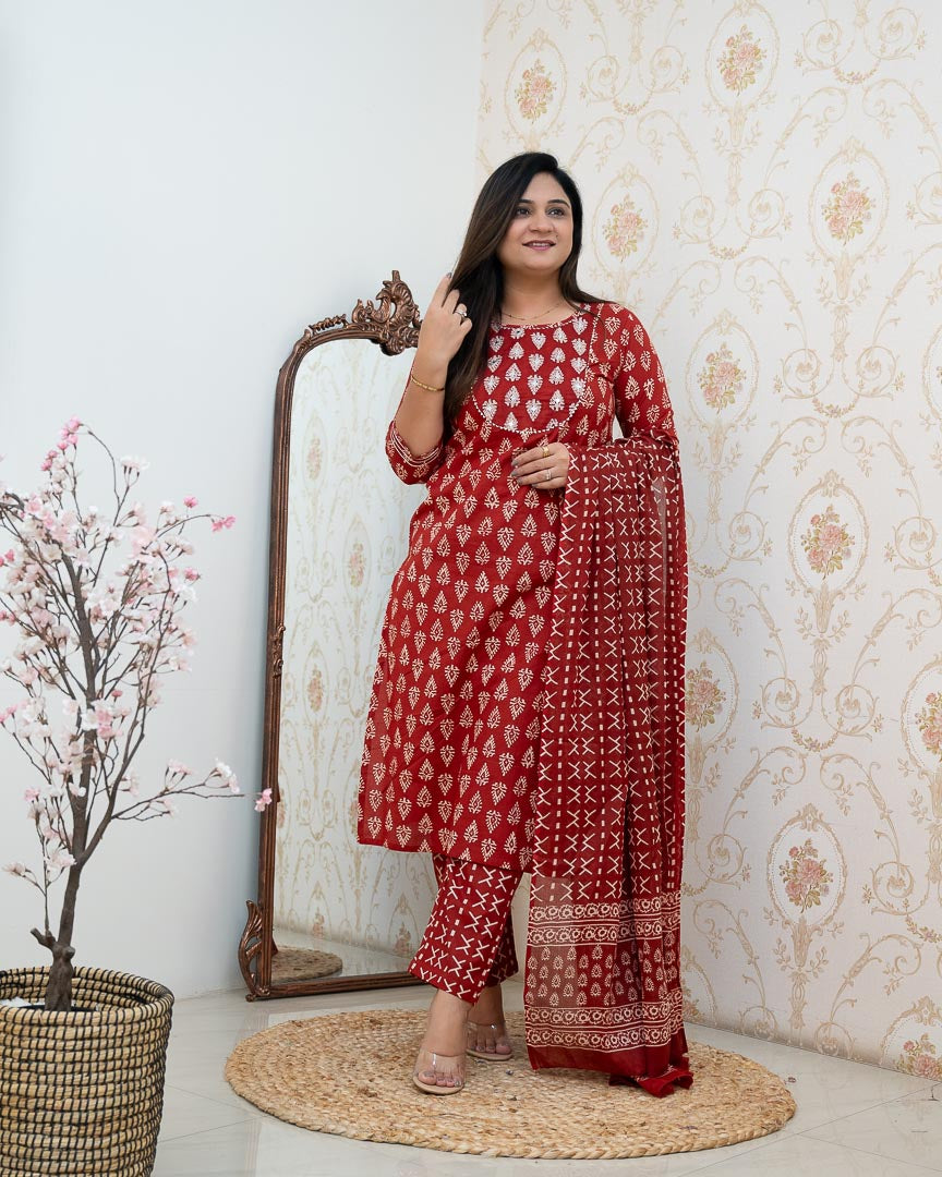 Bagru Cotton Embroidered Straight Pant Set - The Jaipur Studio