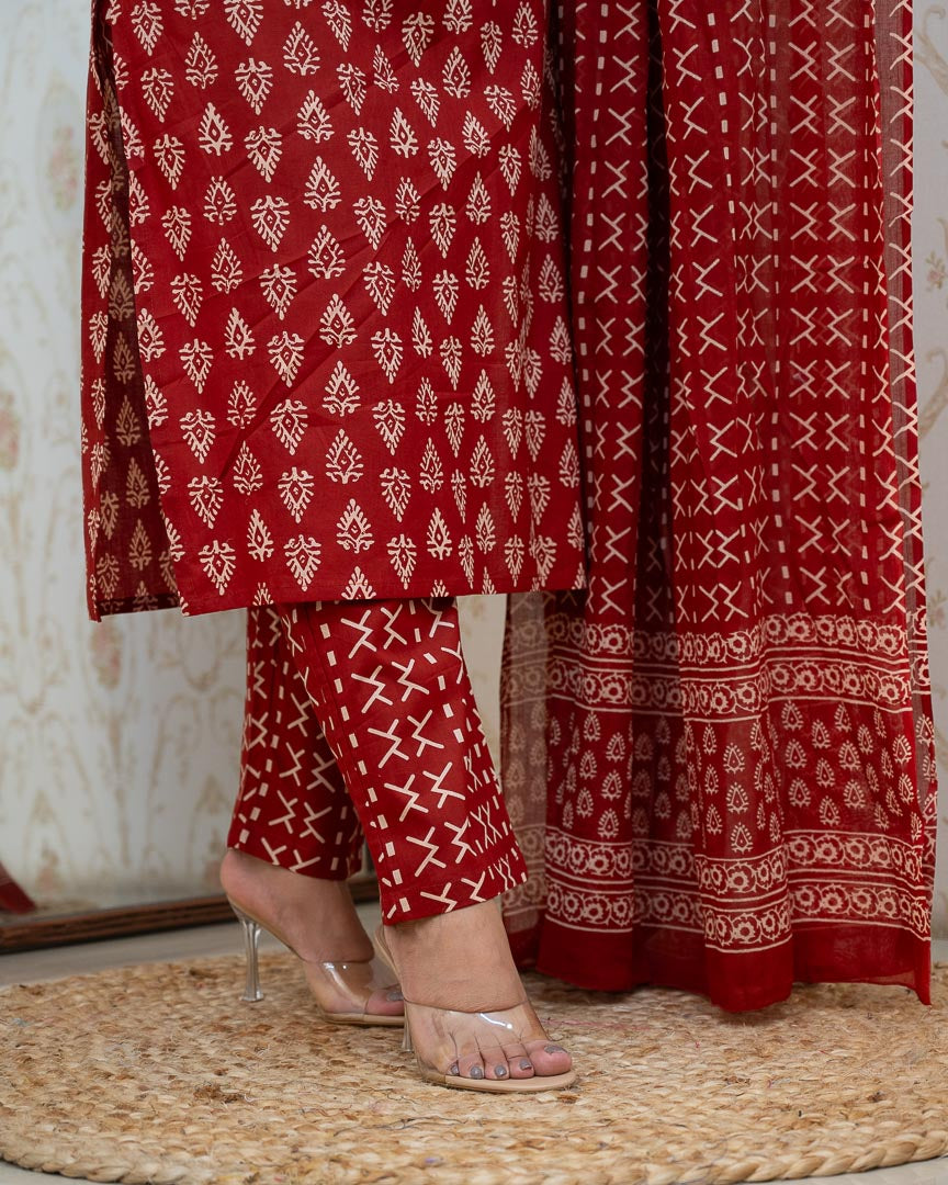 Bagru Cotton Embroidered Straight Pant Set - The Jaipur Studio