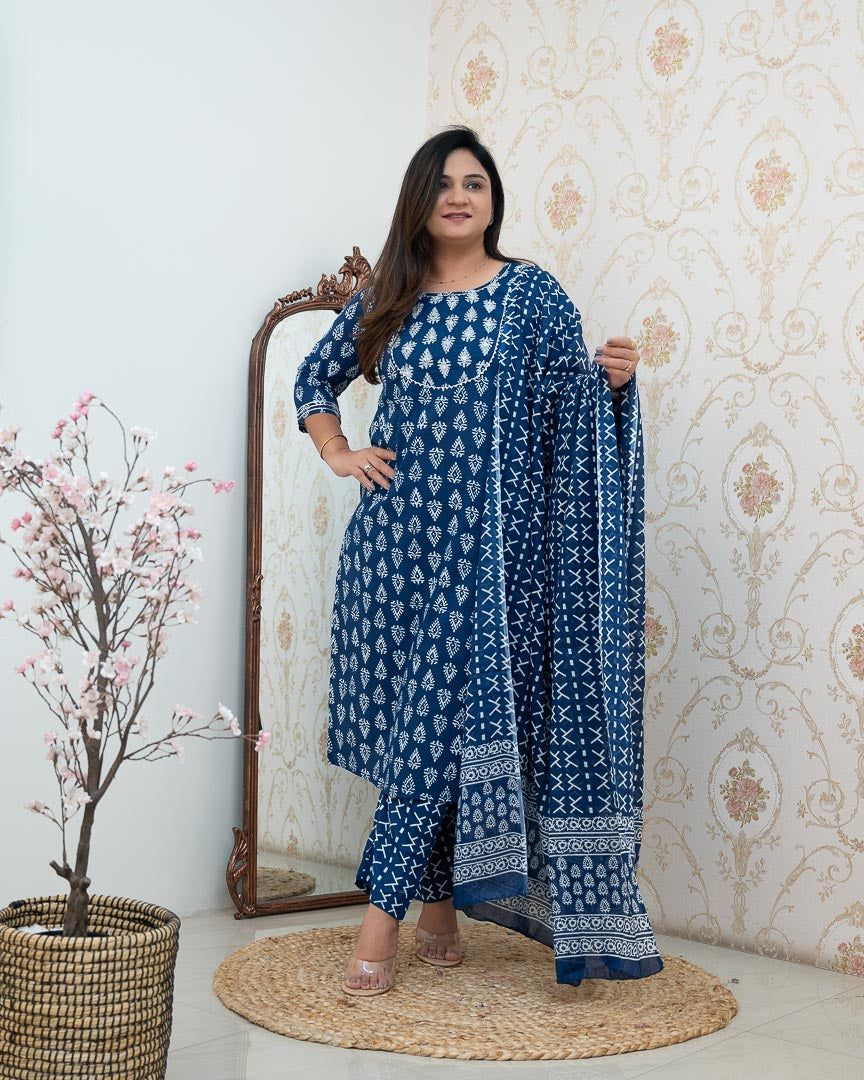 Bagru Cotton Embroidered Straight Pant Set - The Jaipur Studio