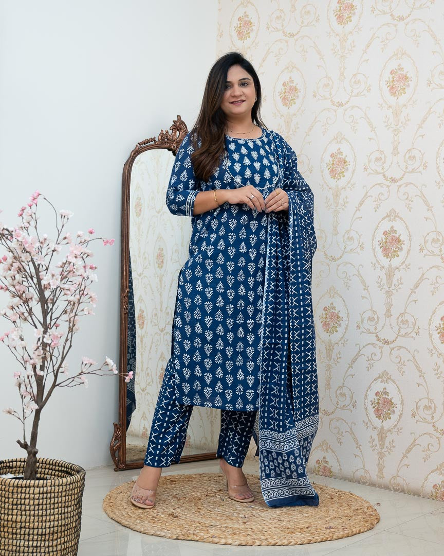 Bagru Cotton Embroidered Straight Pant Set - The Jaipur Studio