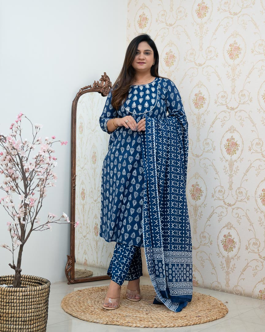 Bagru Cotton Embroidered Straight Pant Set - The Jaipur Studio