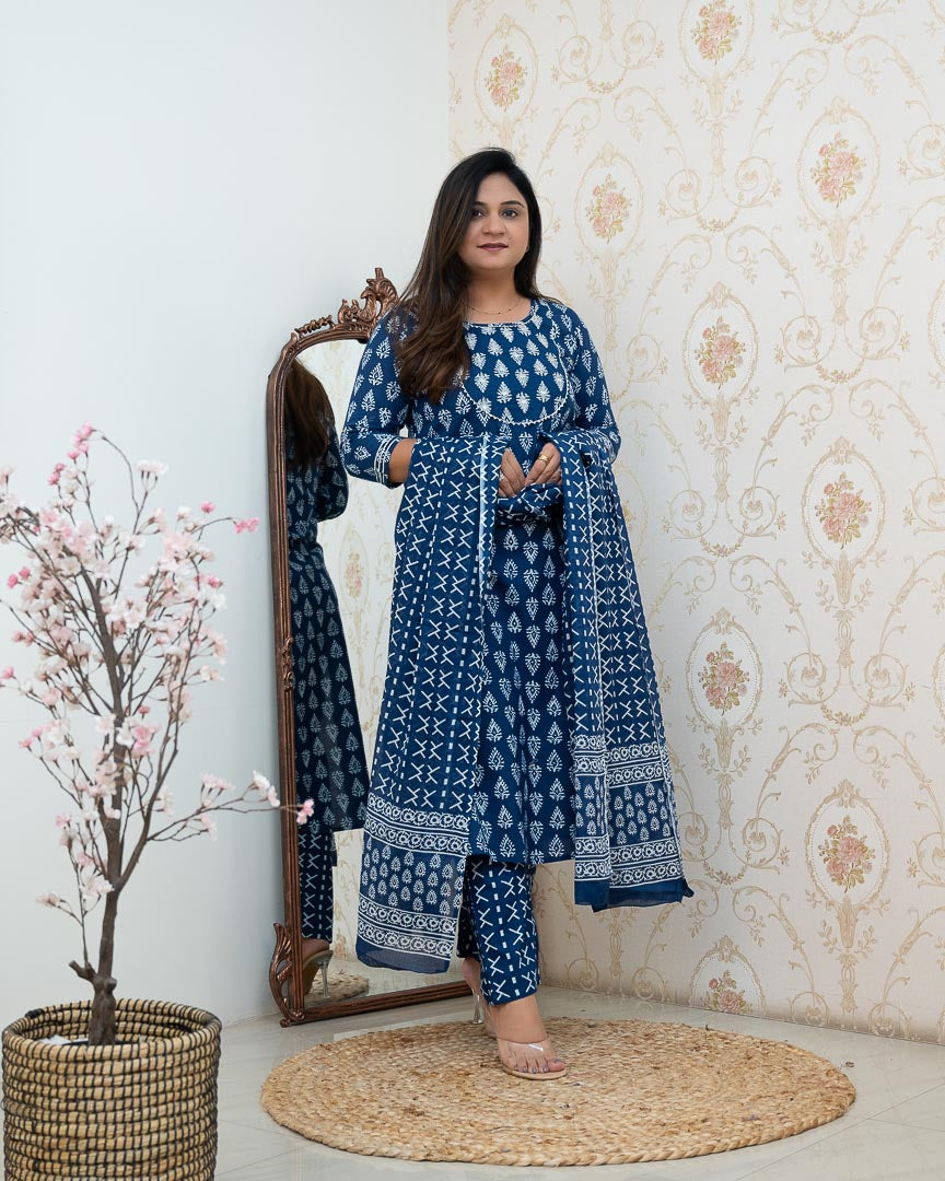 Bagru Cotton Embroidered Straight Pant Set - The Jaipur Studio
