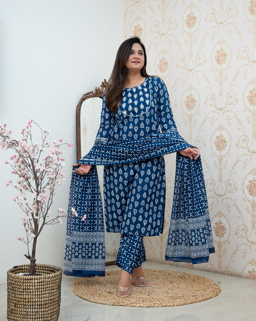 Bagru Cotton Embroidered Straight Pant Set - The Jaipur Studio