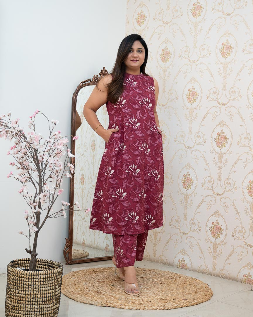 Wine Rayon Printed Casual A-line Coord Set - The Jaipur Studio