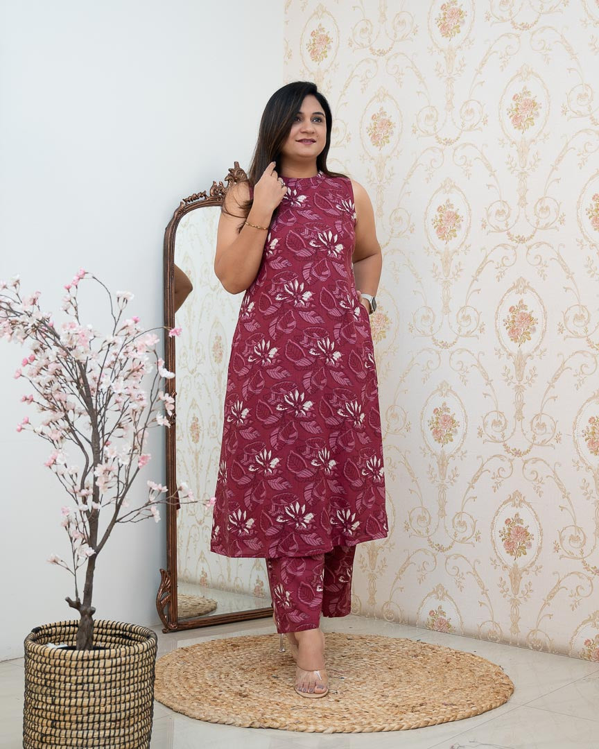 Wine Rayon Printed Casual A-line Coord Set - The Jaipur Studio