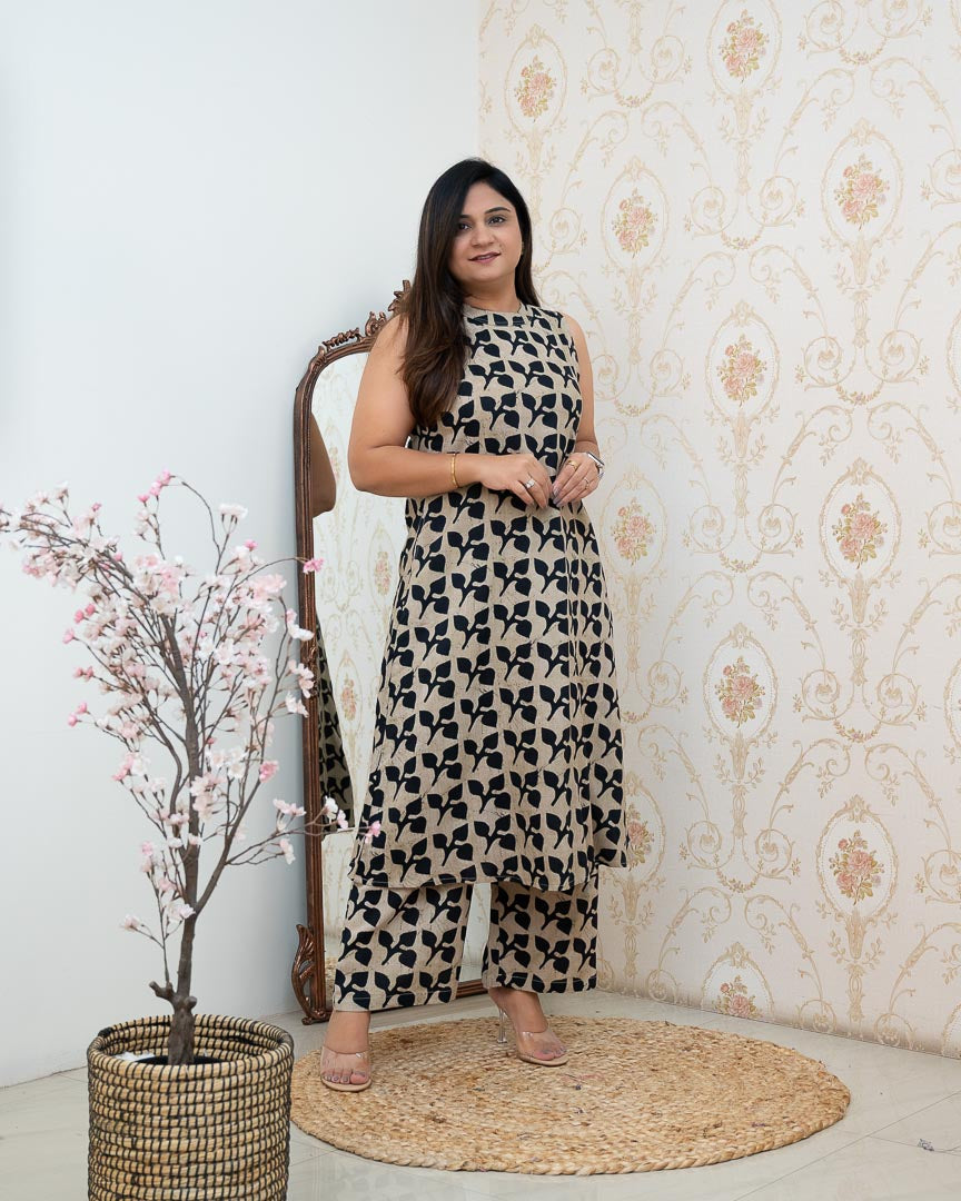 Beige Floral Rayon Printed Casual A-line Coord Set - The Jaipur Studio