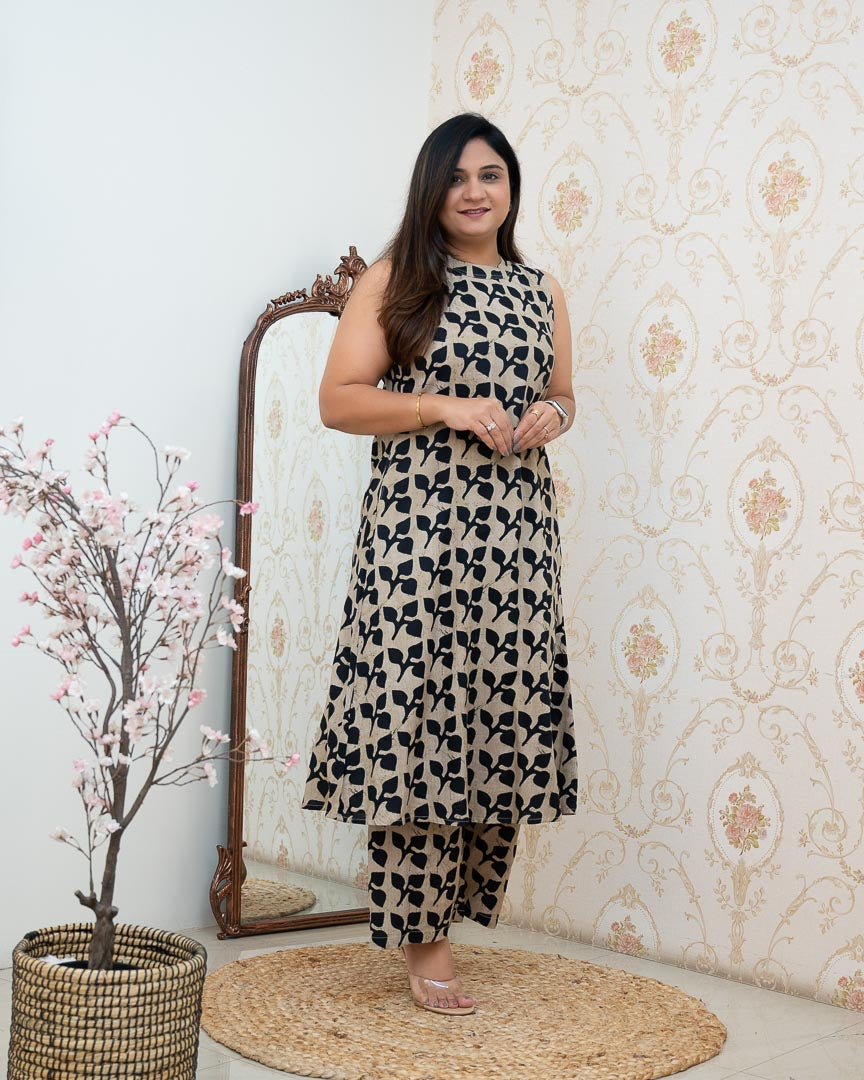 Beige Floral Rayon Printed Casual A-line Coord Set - The Jaipur Studio
